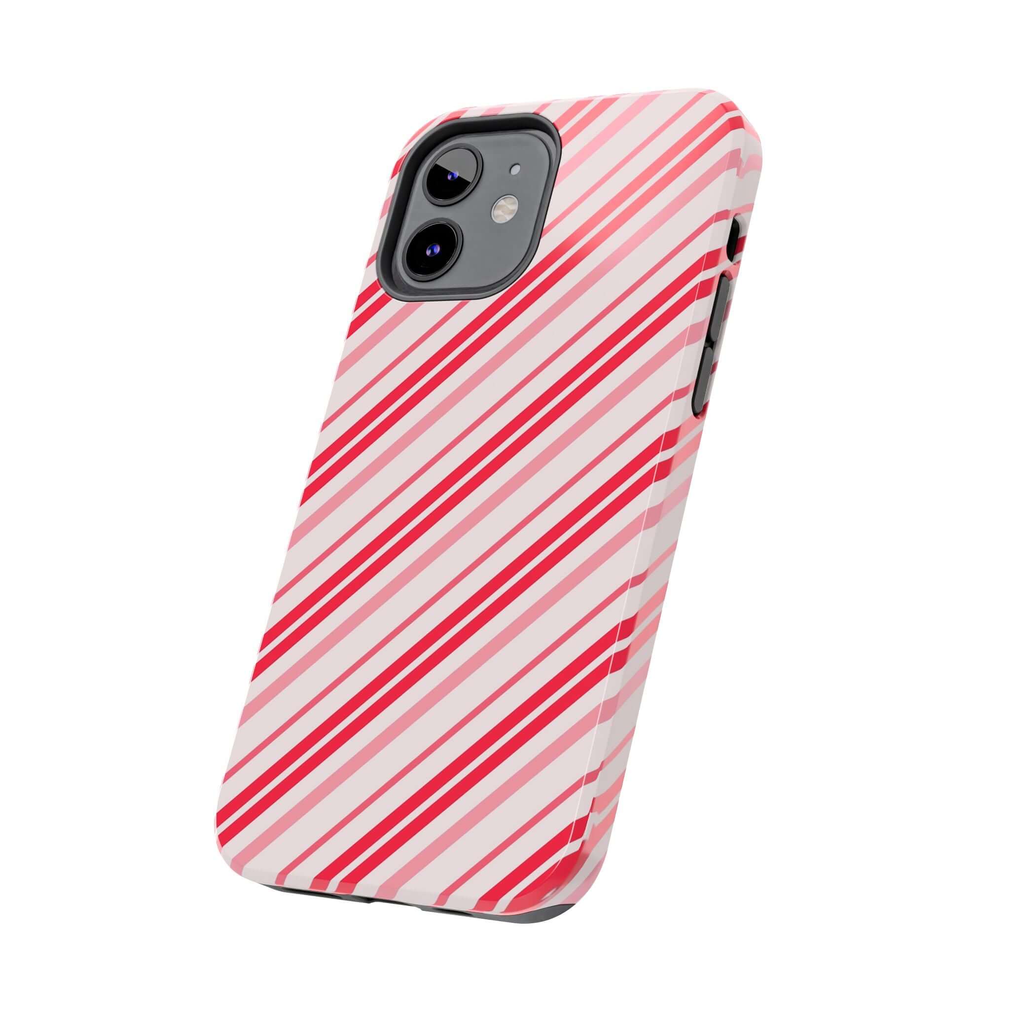 Festive candy cane striped iPhone case, perfect cute phone cover for the holidays. Colorful design for Christmas style enthusiasts.