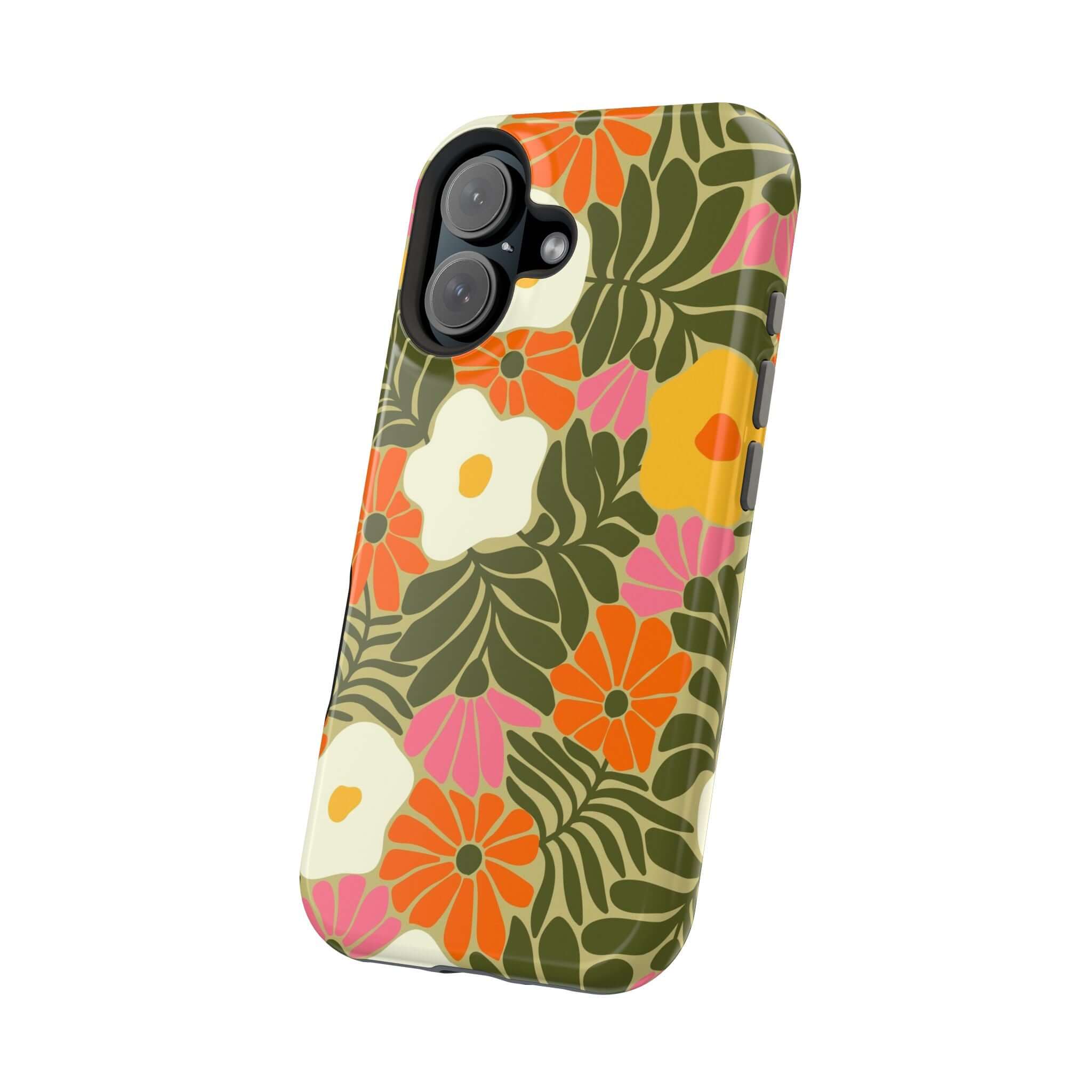 Retro beach vibes phone case with colorful tropical flowers, perfect cute cover for Apple iPhone. Stylish and protective!