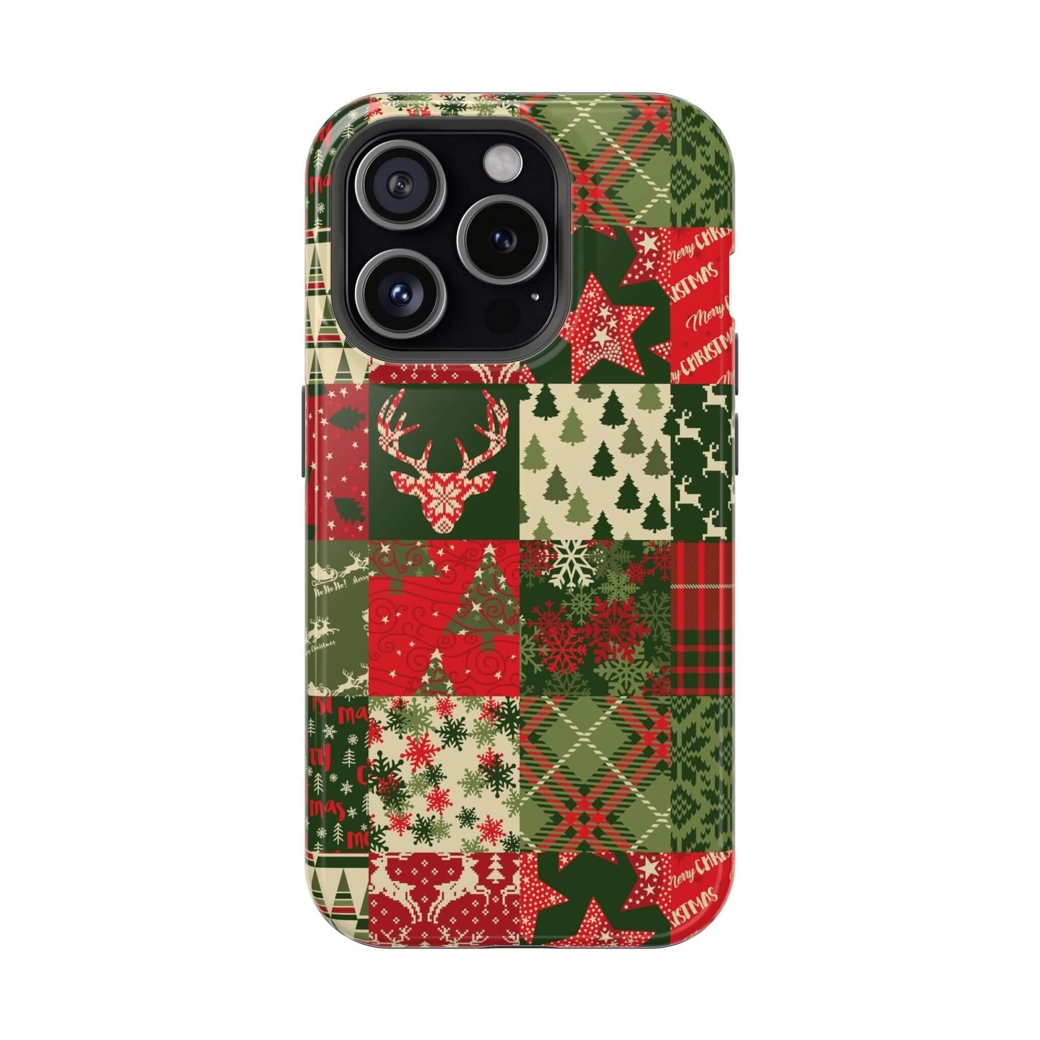 Festive Cozy Quiltmas MagSafe phone case with Christmas patchwork design, perfect holiday accessory for secure and stylish protection.