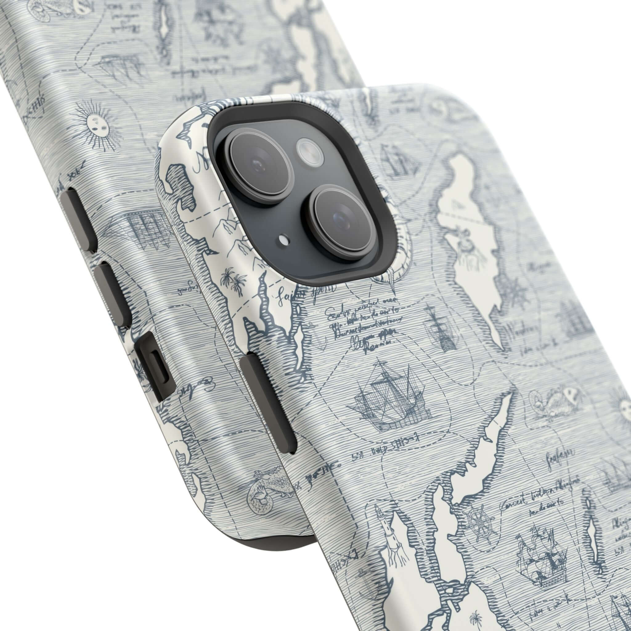 Close-up of Pirates Passageway nautical map phone case with MagSafe technology for iPhone 14 Pro Max.