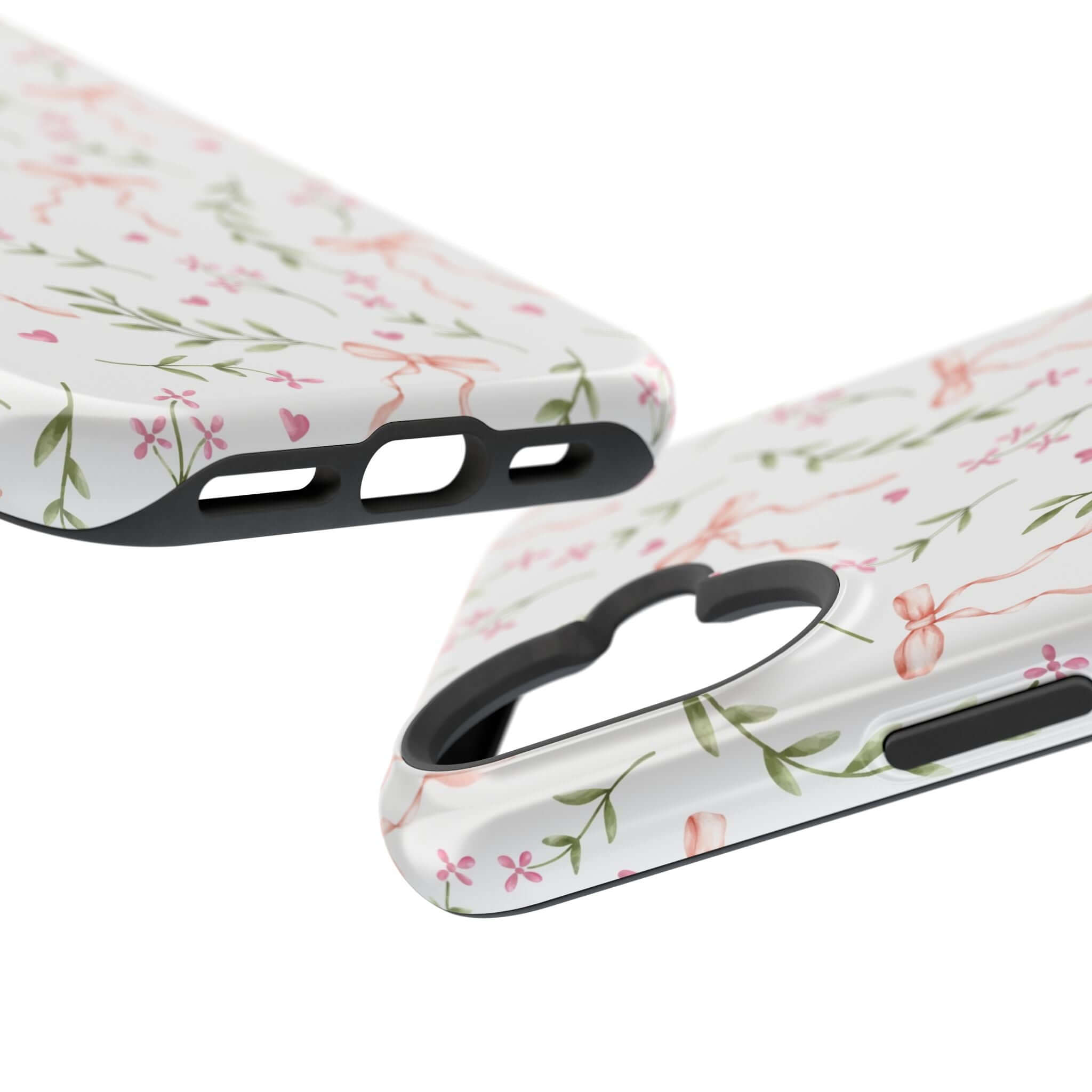 Pink Coquette floral iPhone case with MagSafe, featuring charming bows and cute whimsical design from Darling Daydream.