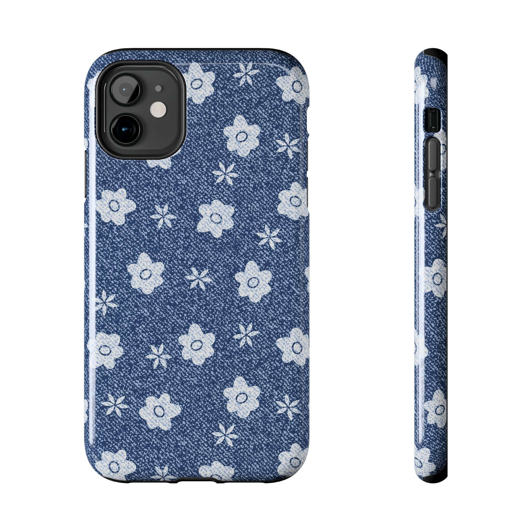 Daisies denim phone case for iPhone 14 Pro Max - Cute protective cover with white flower pattern on denim background