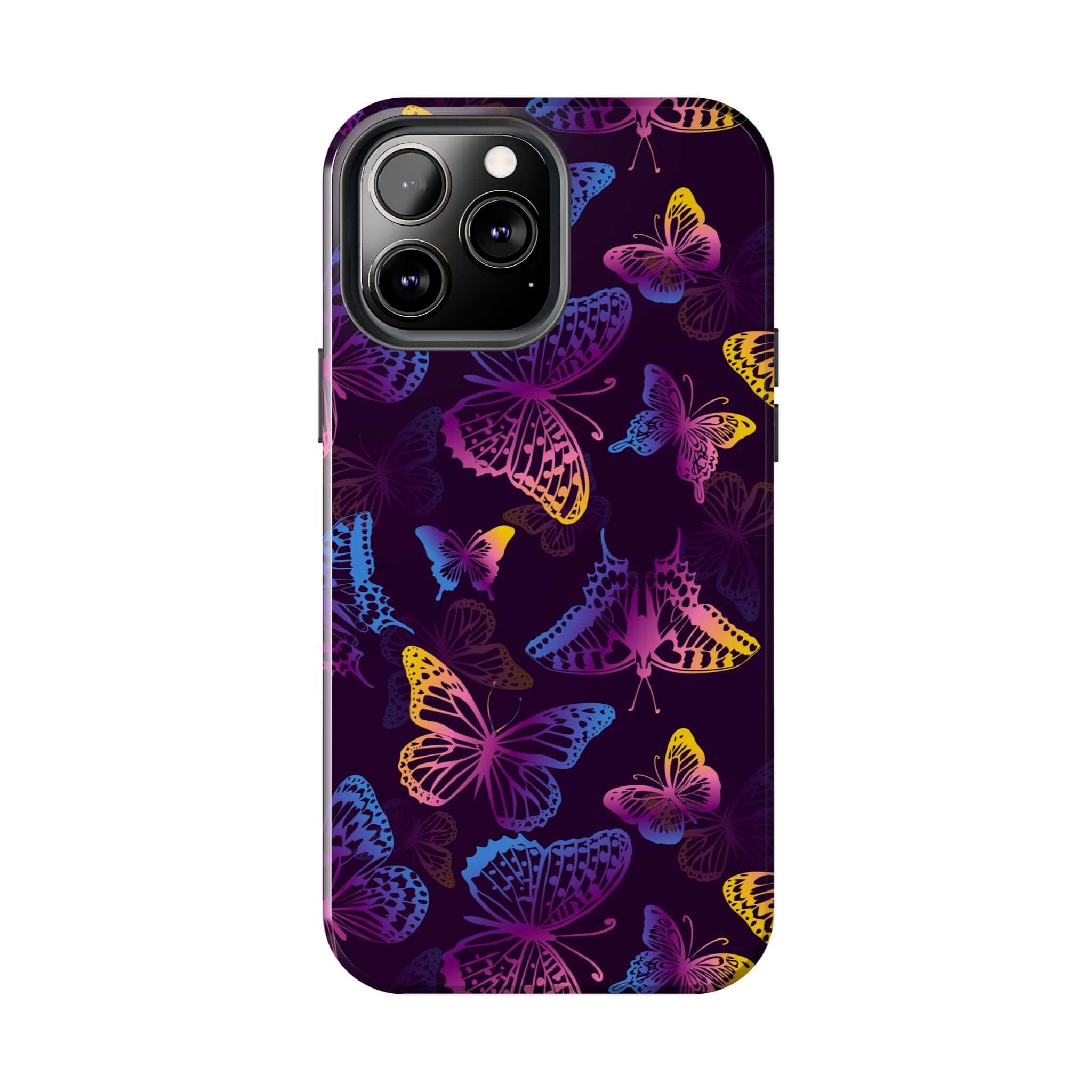 Midnight Flutter black butterfly MagSafe iPhone case with vibrant floral design, cute phone cover for bold style.