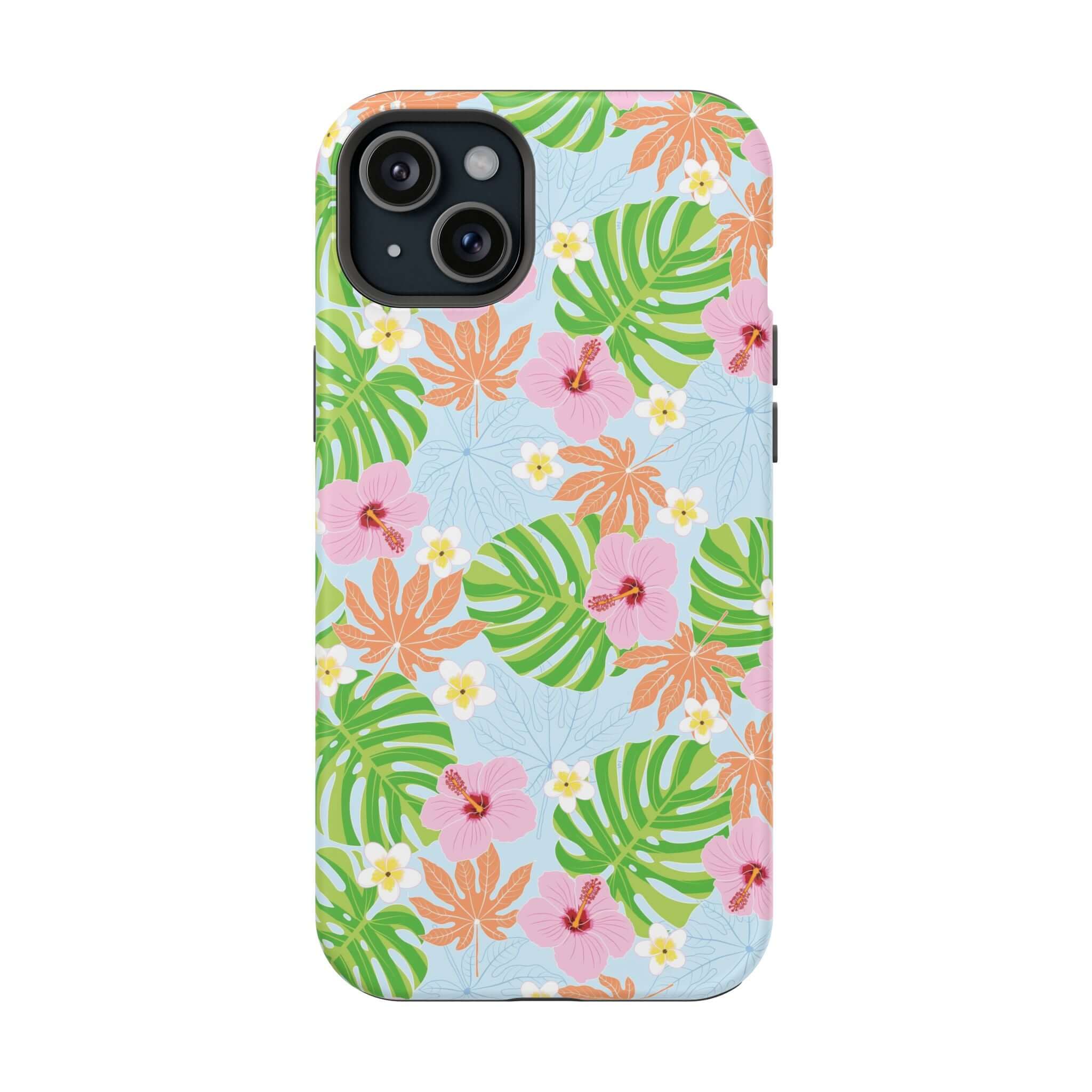 Tropical floral design MagSafe iPhone 14 Pro case with colorful hibiscus and leaf patterns, cute phone cover for an island paradise look.