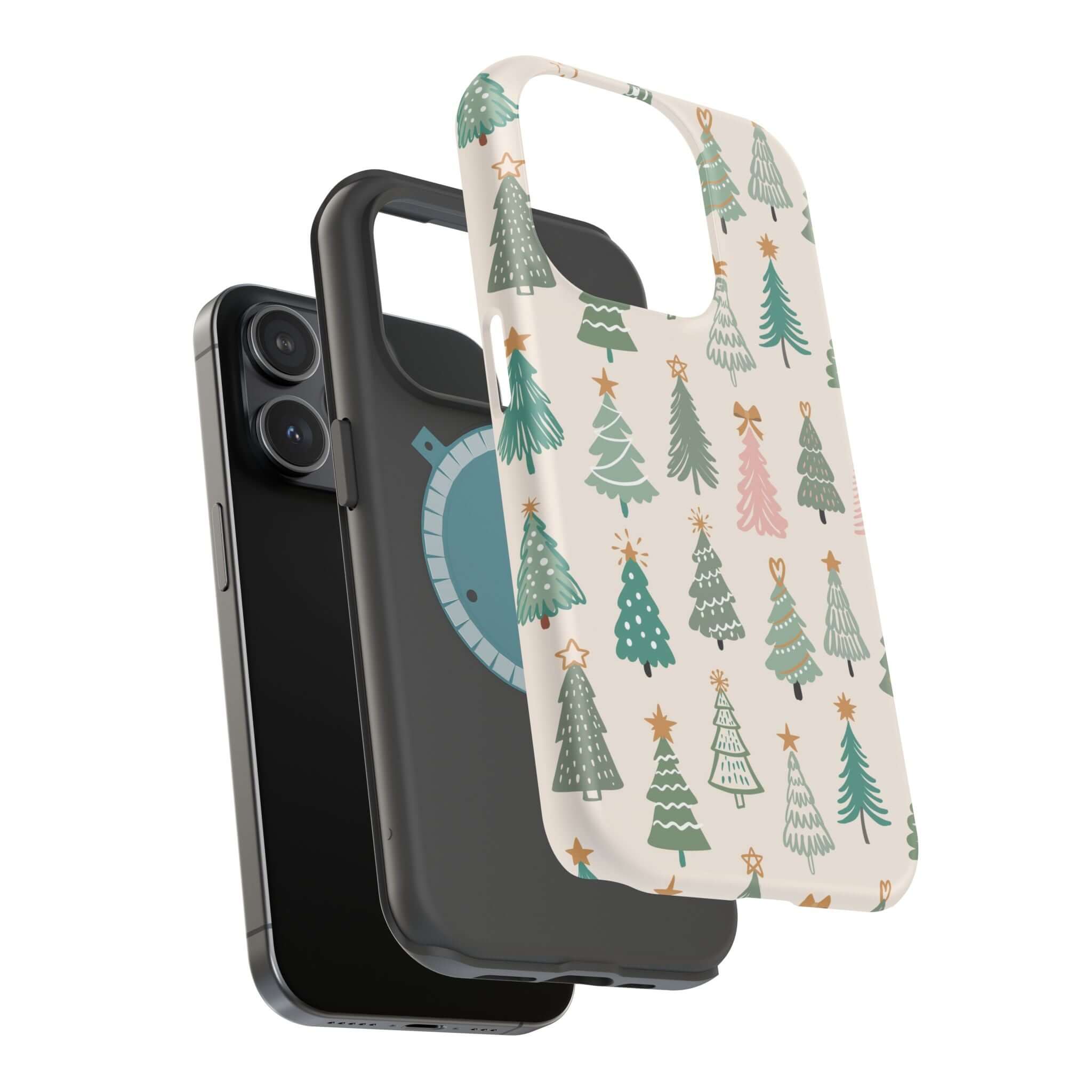 Festive O Christmas Tree MagSafe Case with colorful tree design for a cute holiday phone cover.