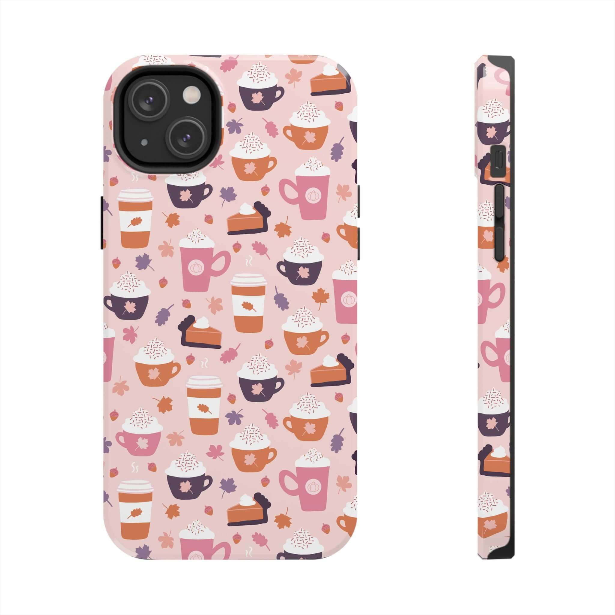 Cute PSL Vibes iPhone 15 case with fall-themed design of coffee cups and pumpkin pie, perfect for adding style and protection.