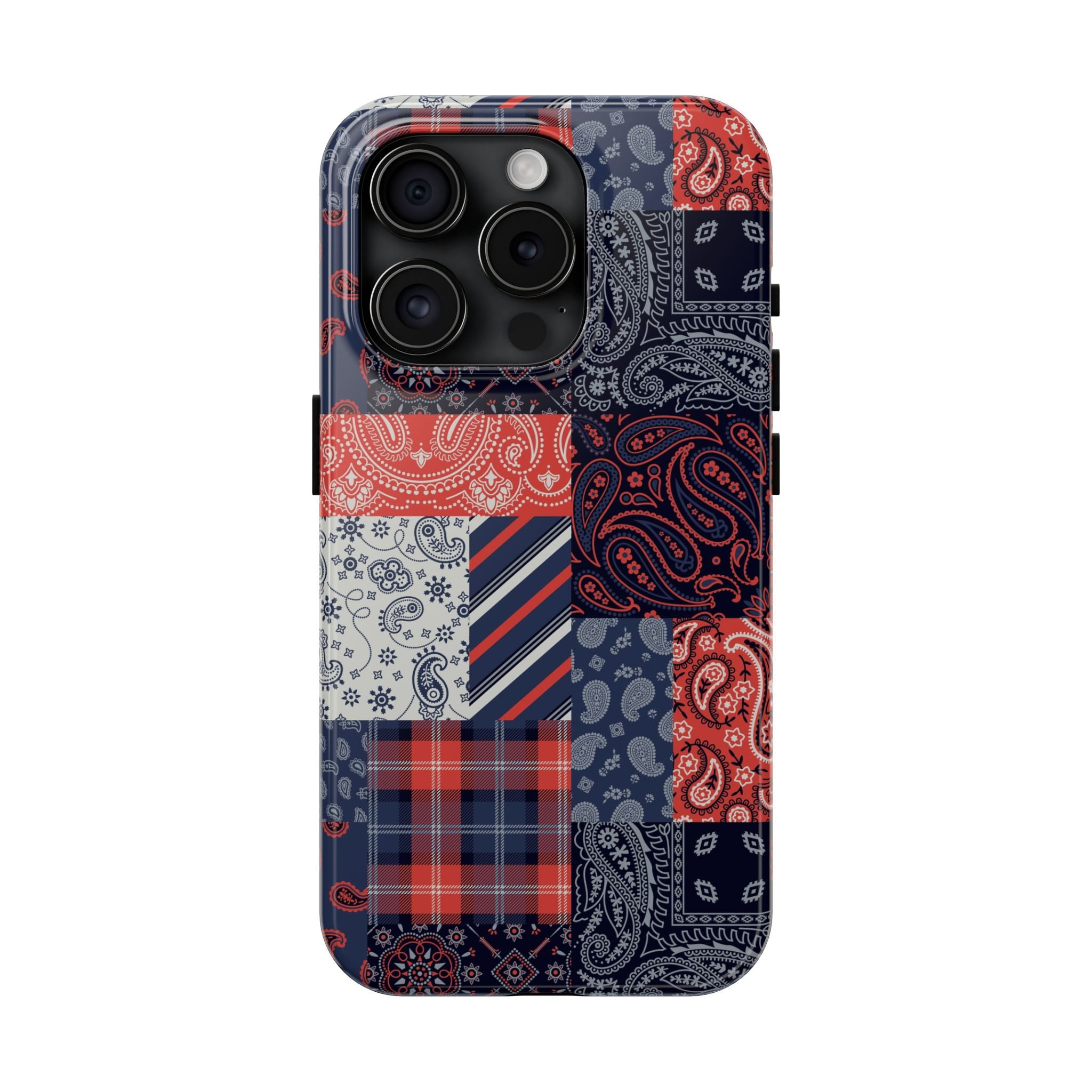 Cute phone case with bandana patchwork design for iPhone 14 Pro, perfect for fashion-forward, bookish individuals.