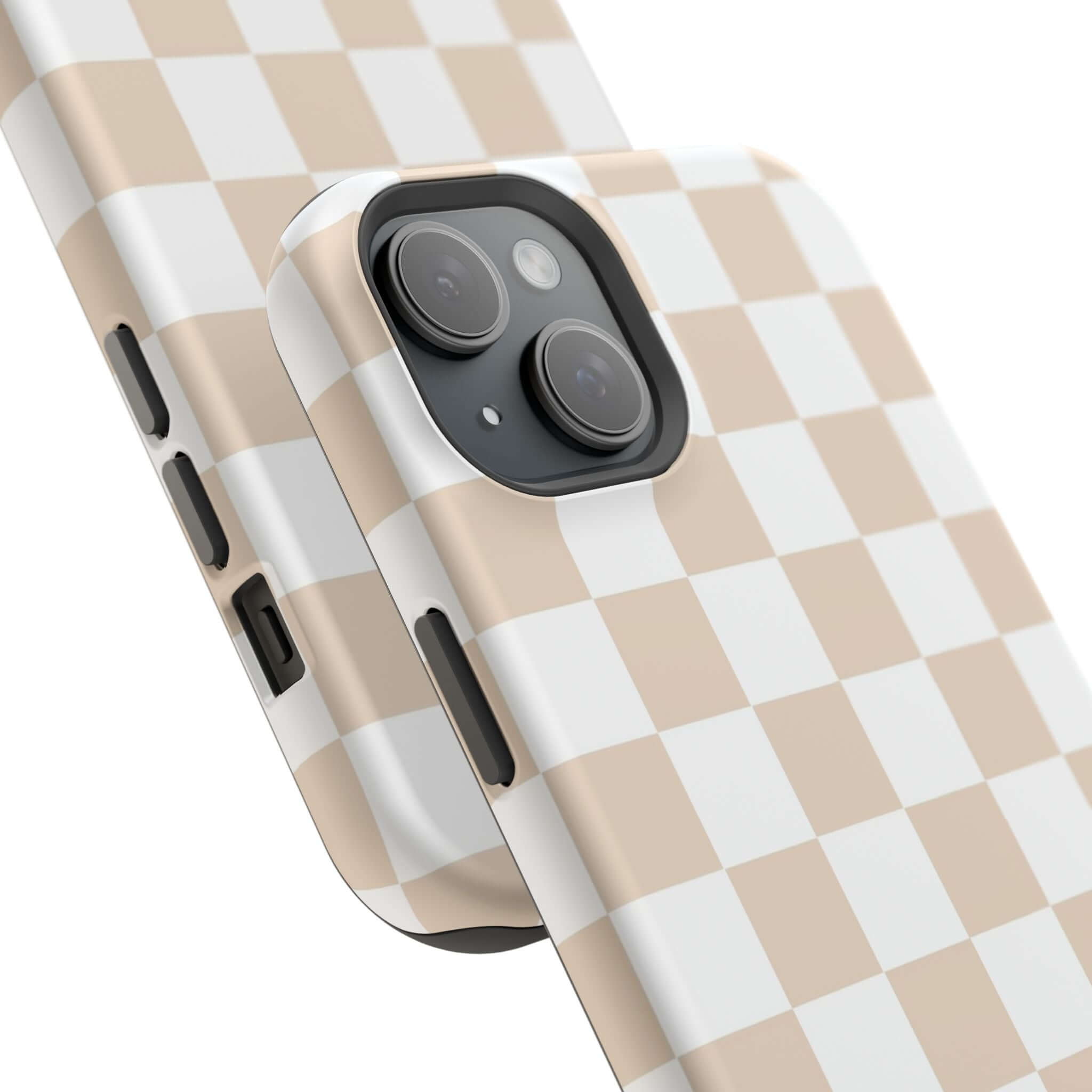 Cute MagSafe iPhone 16 case with cream checkered print, trendy beige design, and protective features.