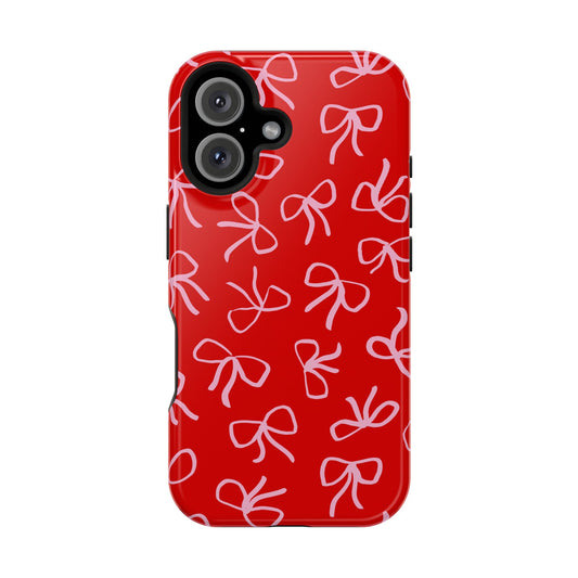 Red Coquette phone case with playful bows, featuring MagSafe compatibility—cute and flirty accessory for any phone.