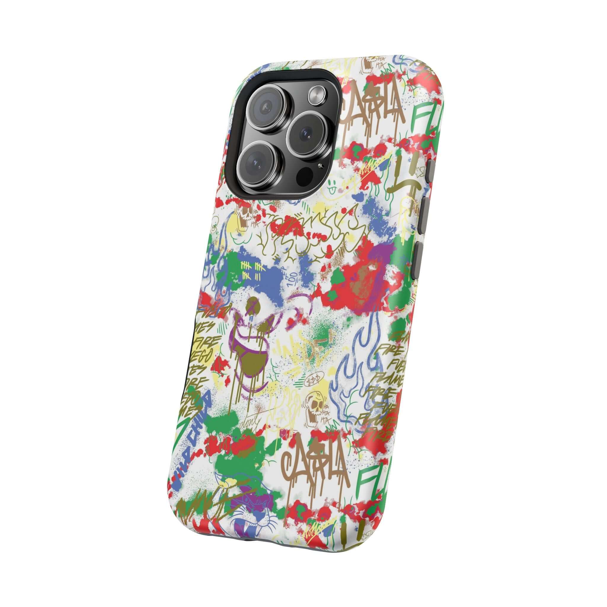 Colorful graffiti phone case featuring vibrant street art design, perfect for art lovers and iPhone users.