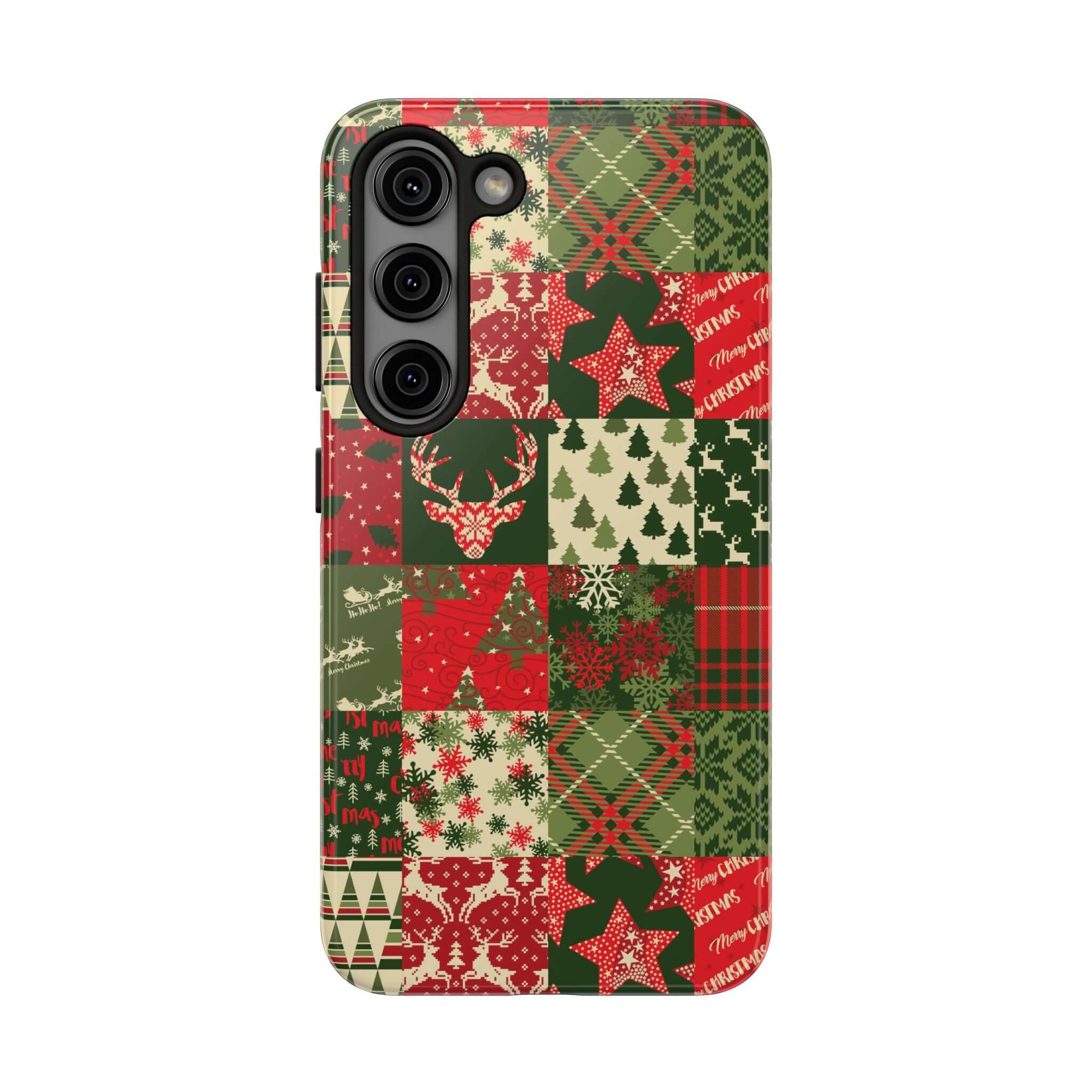 Festive green holiday phone case with Christmas trees, snowflakes, and plaid designs, perfect cute iPhone case for the winter season.