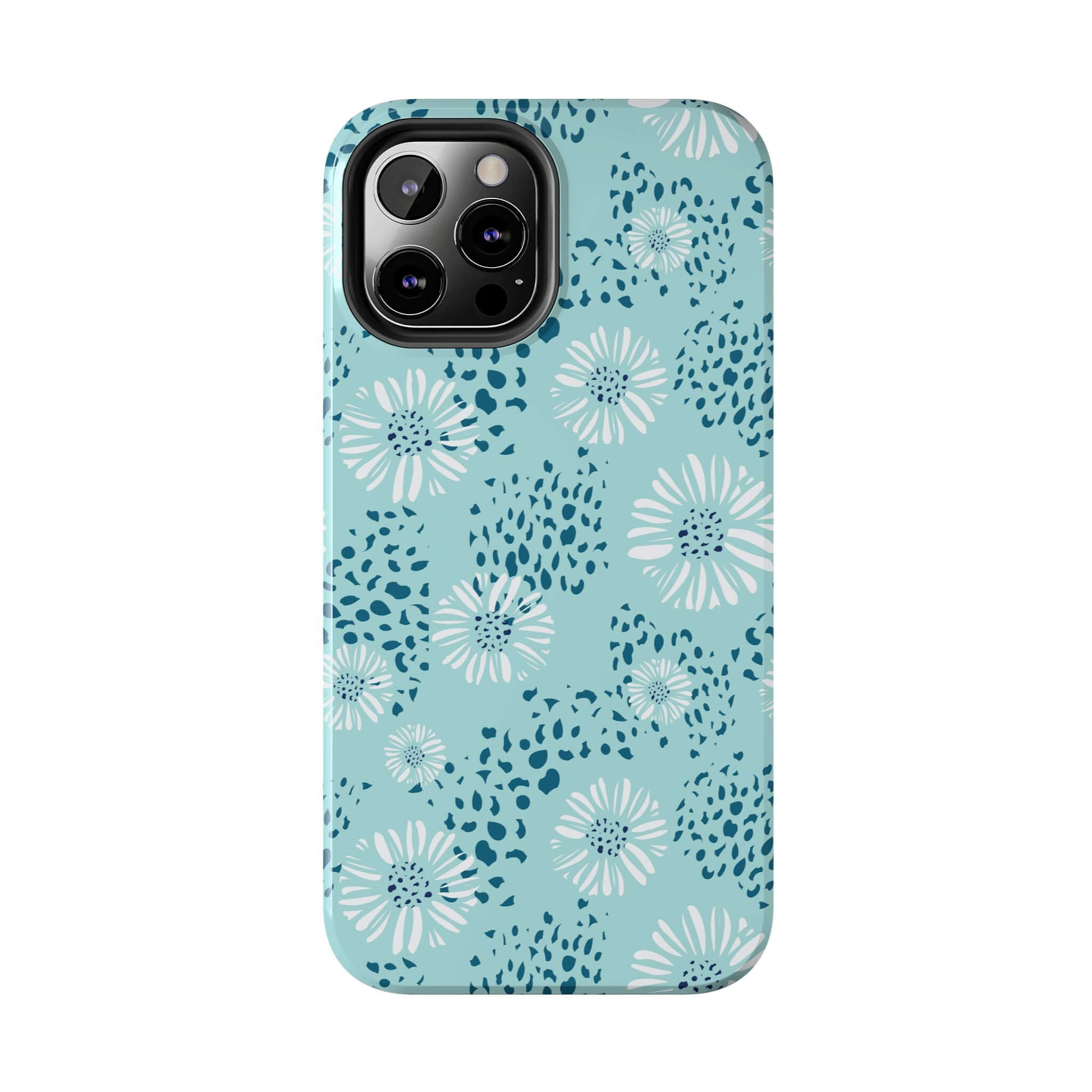 Teal Floral Beach iPhone Case with White Flowers and Navy Spots for iPhone 14 Pro Max and Samsung S23