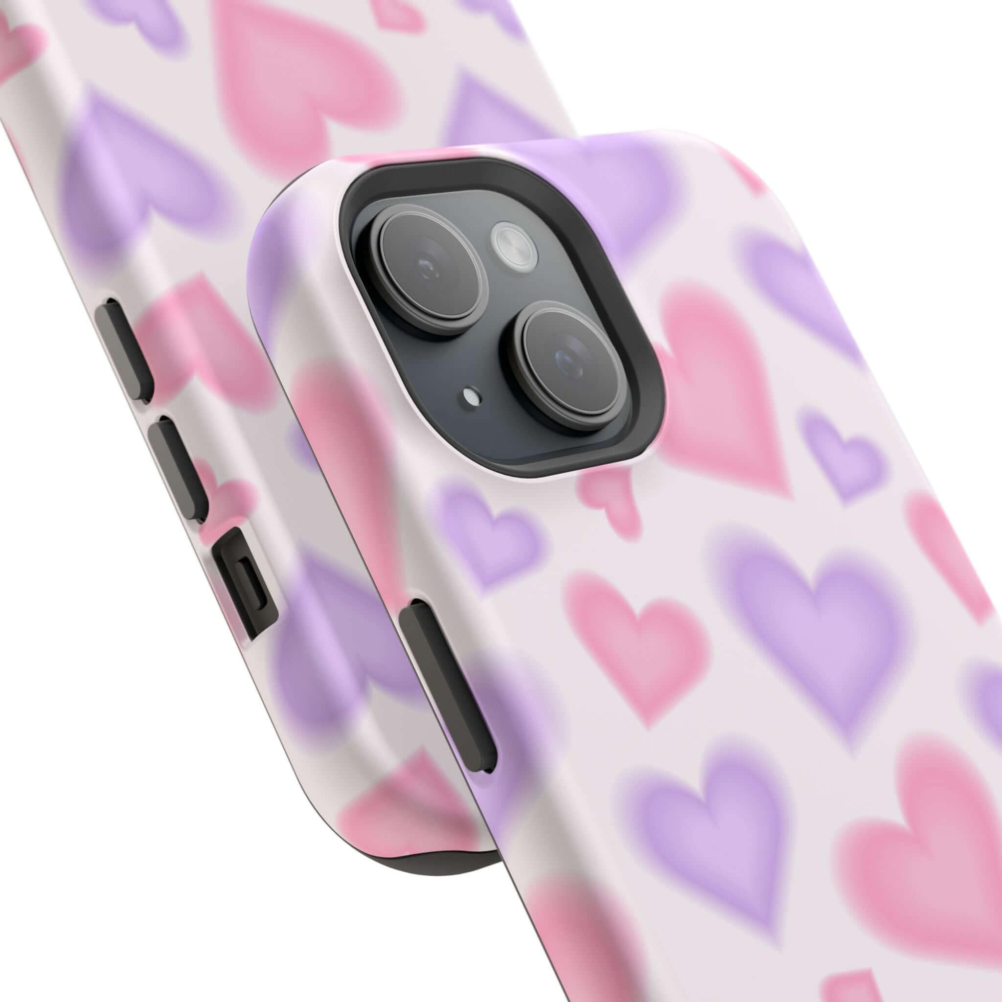 Cute phone cover featuring pink and purple hearts, perfect for protecting your Apple iPhone with a touch of love.