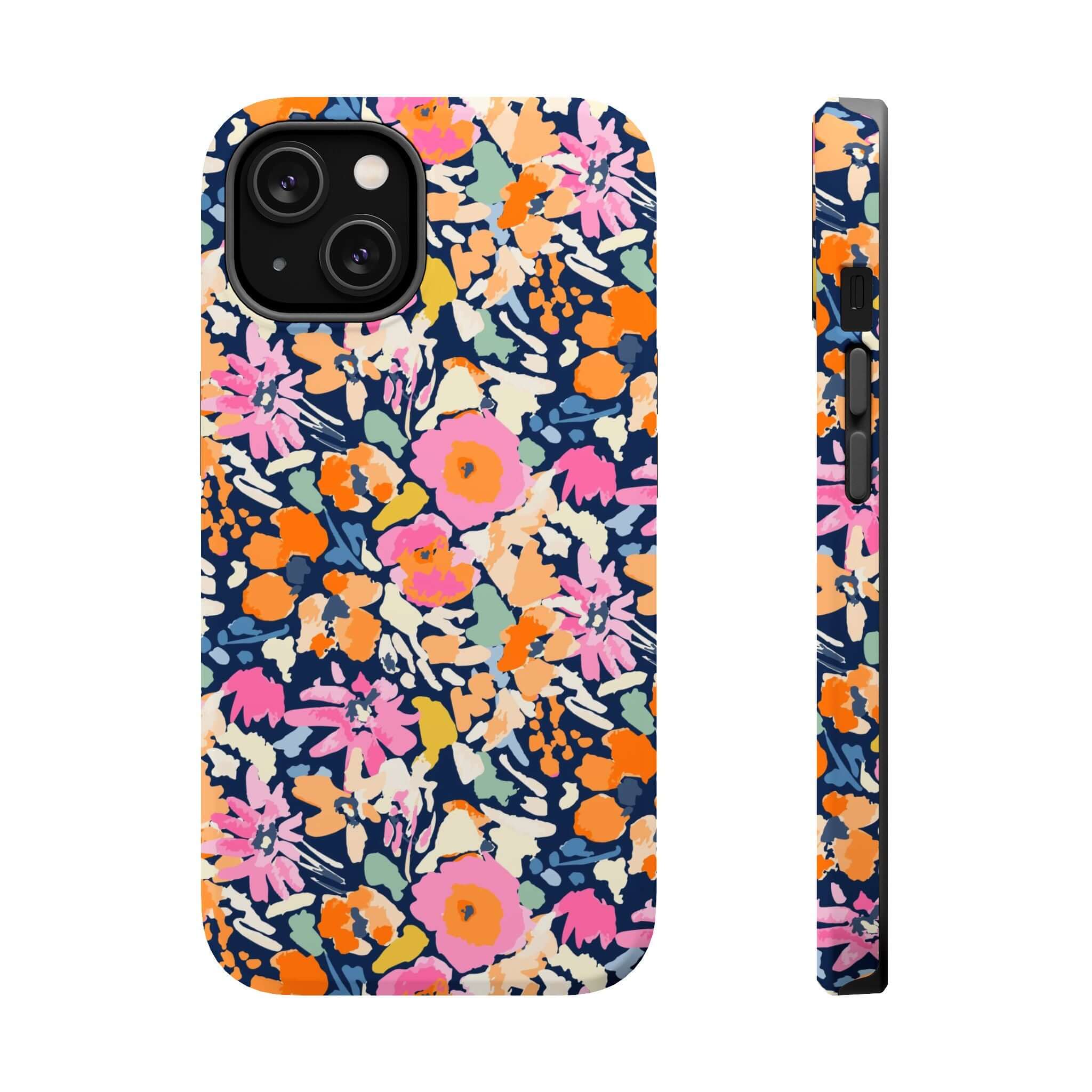 Botanic Burst cute MagSafe iPhone 16 case featuring colorful floral design, bright protective phone case with whimsical flowers.