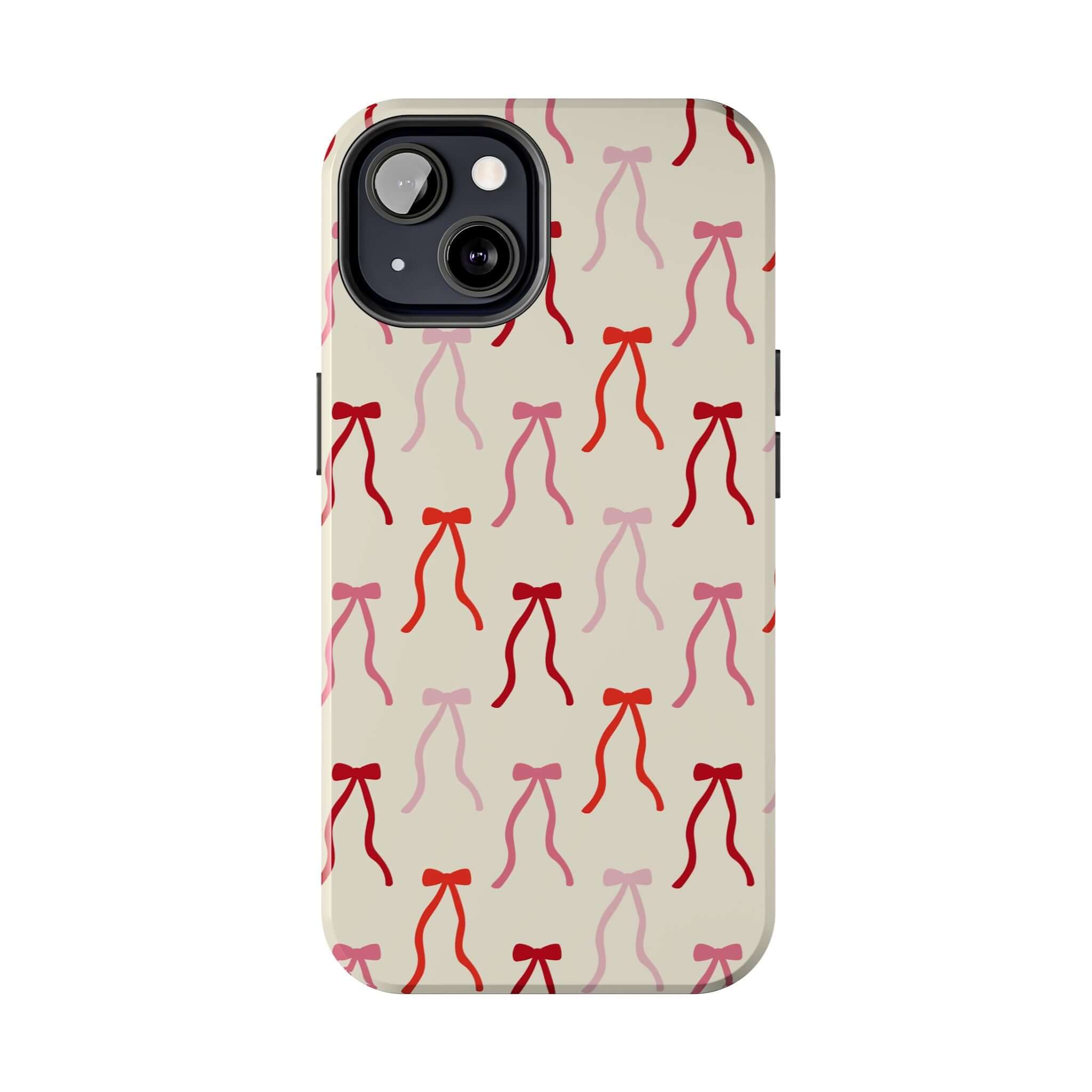 Beige Coquette Case with red and pink bow design for iPhone 16. Cute phone case for stylish protection.