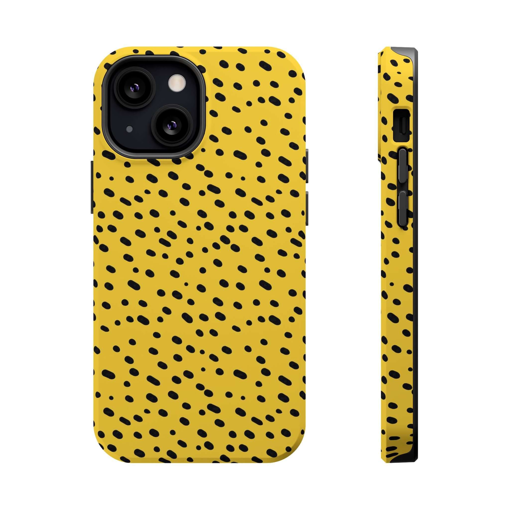 Colorful iPhone case with bold yellow cheetah spots, cute and abstract design for stylish phone protection.