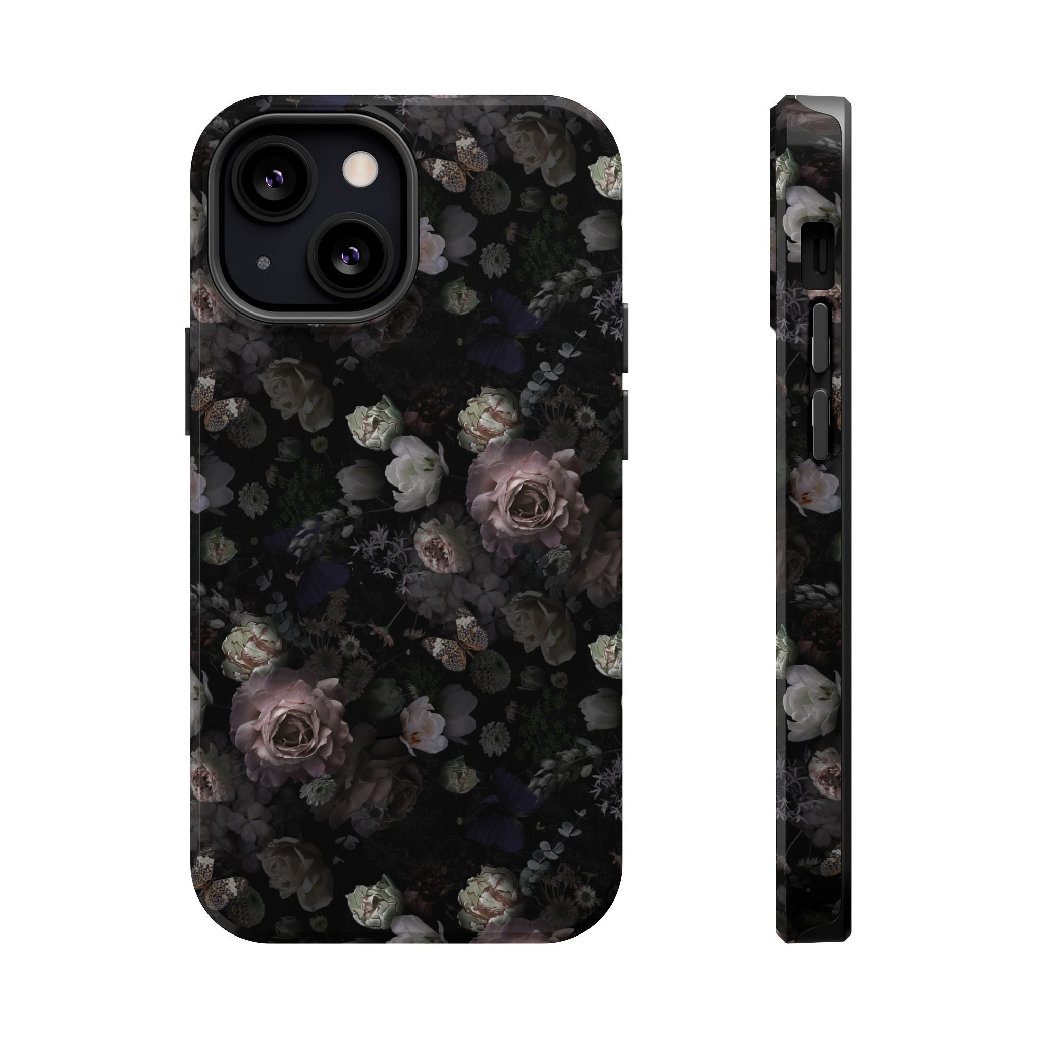 Midnight Curse Black Floral MagSafe iPhone Case with dark roses, a stylish cute phone cover for your device.