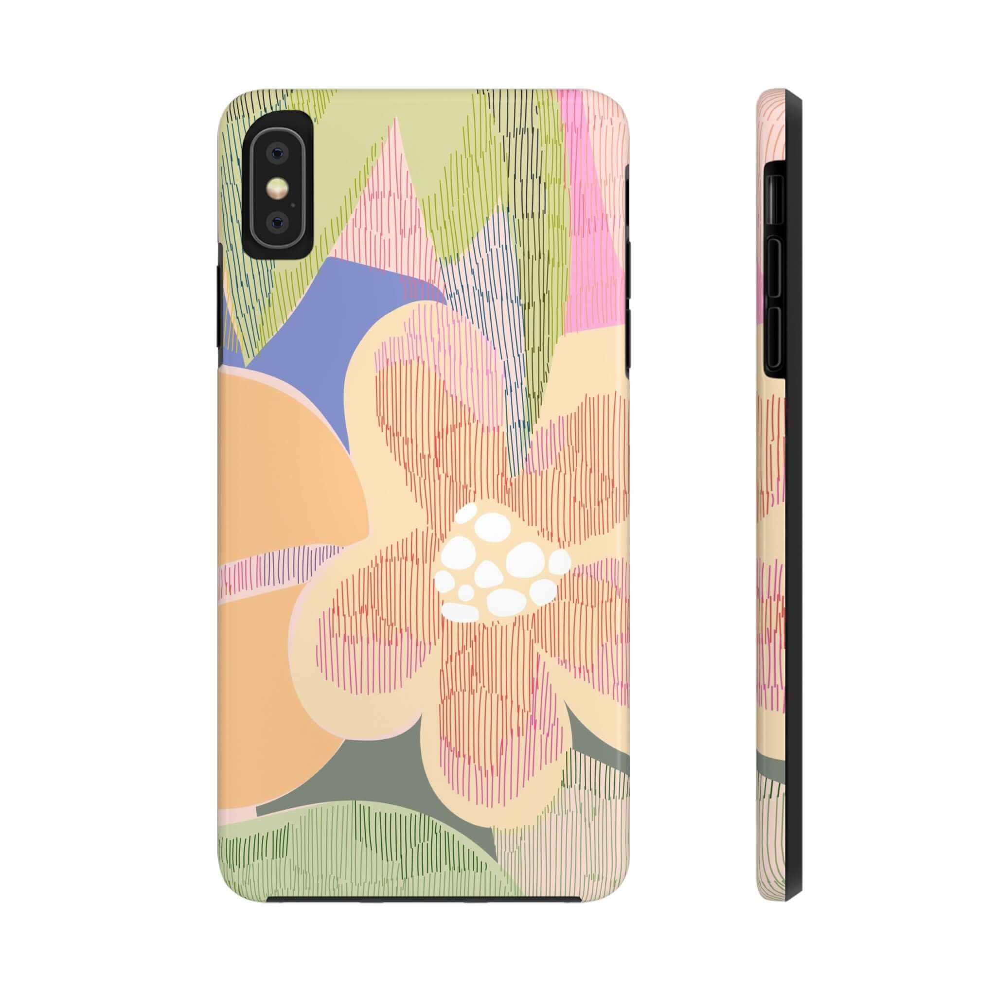 Colorful iPhone case with abstract floral design, perfect for iPhone 14 Pro Max and Samsung S23 models, featuring cute palm trees and vibrant aesthetics.