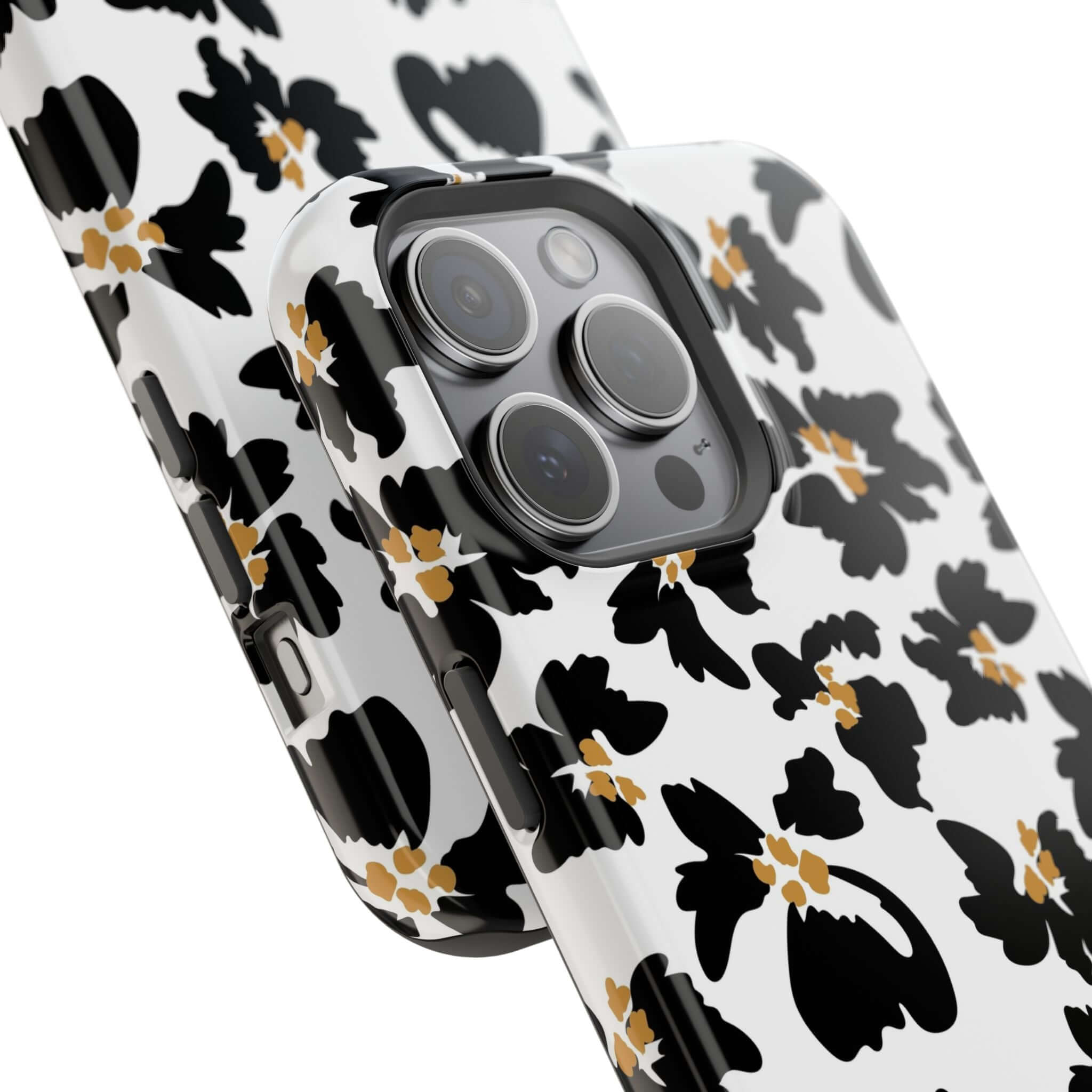 Modern Noir Flora black floral iPhone case with animal print design, perfect for cute MagSafe protection and fashion-forward style.