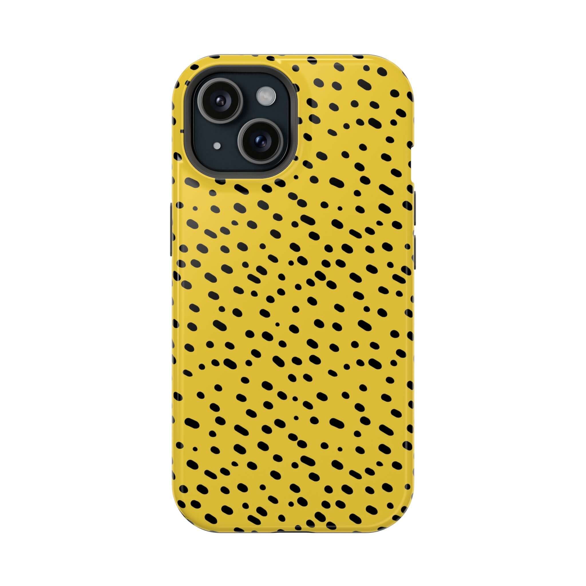 Yellow cheetah print iPhone case with black spots, featuring a vibrant MagSafe design. Colorful and cute abstract phone protection.