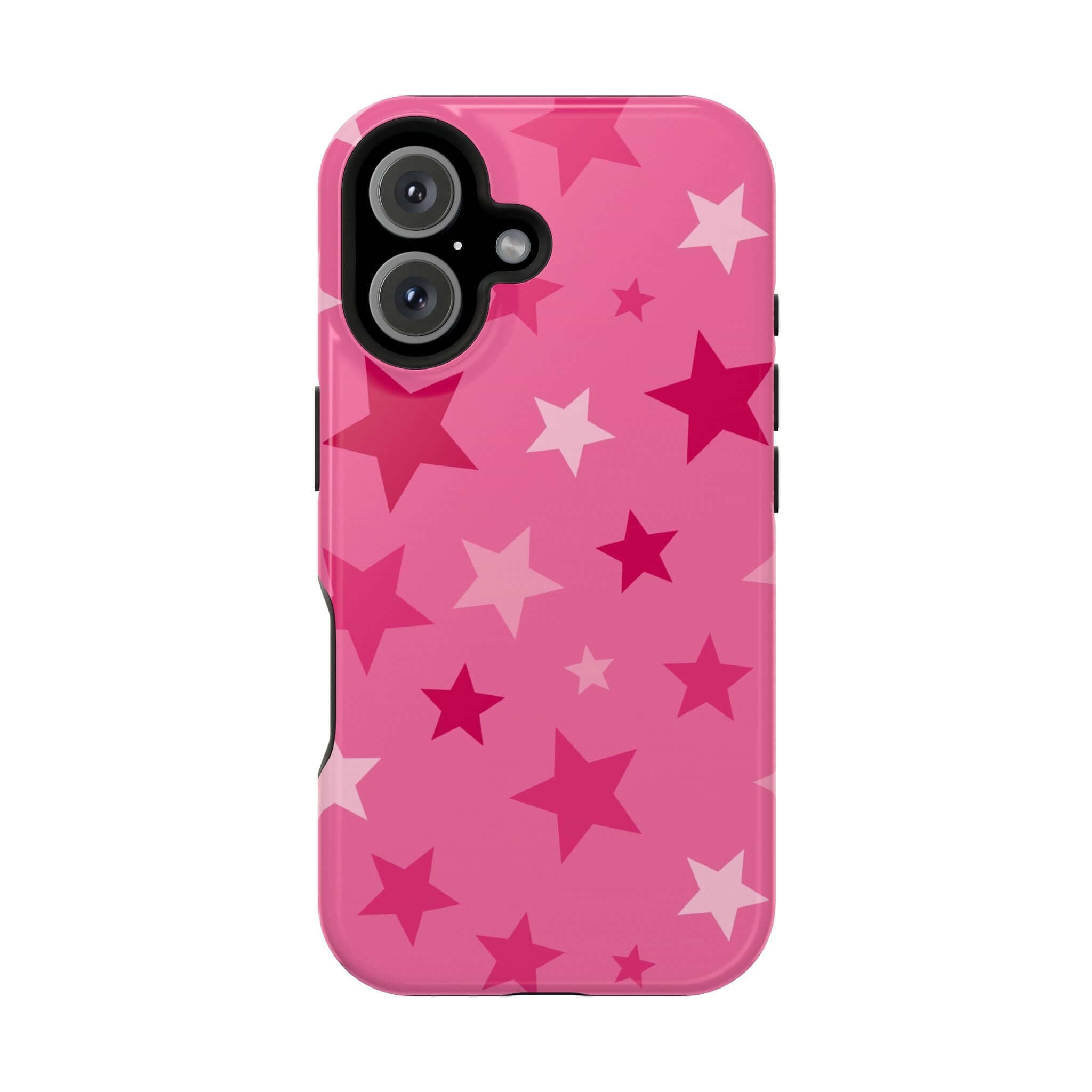 Cute pink iPhone case with colorful star patterns, perfect accessory for trendy users.