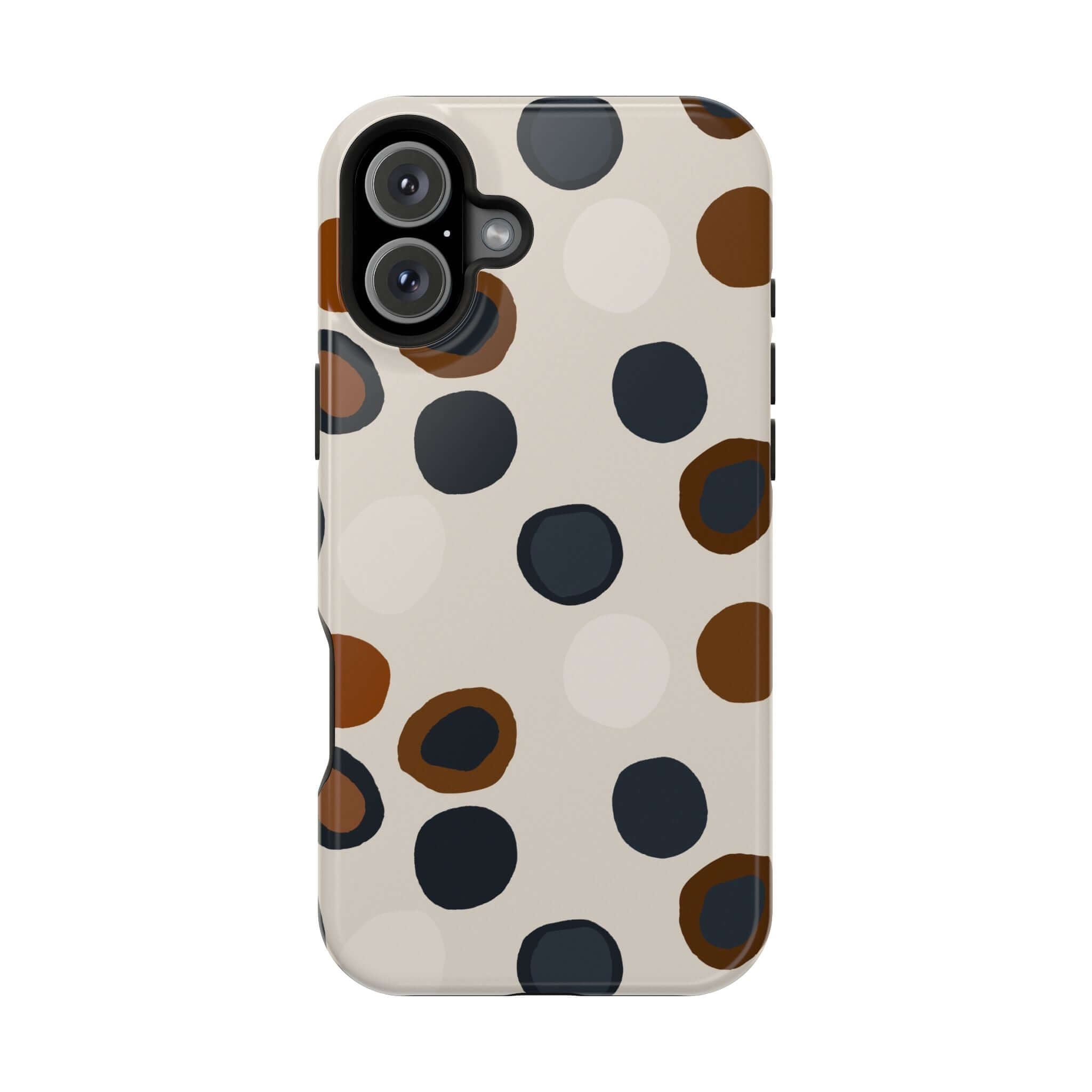 Chic Wanderer modern spots MagSafe case with abstract brown and black pattern for colorful iPhone protection.