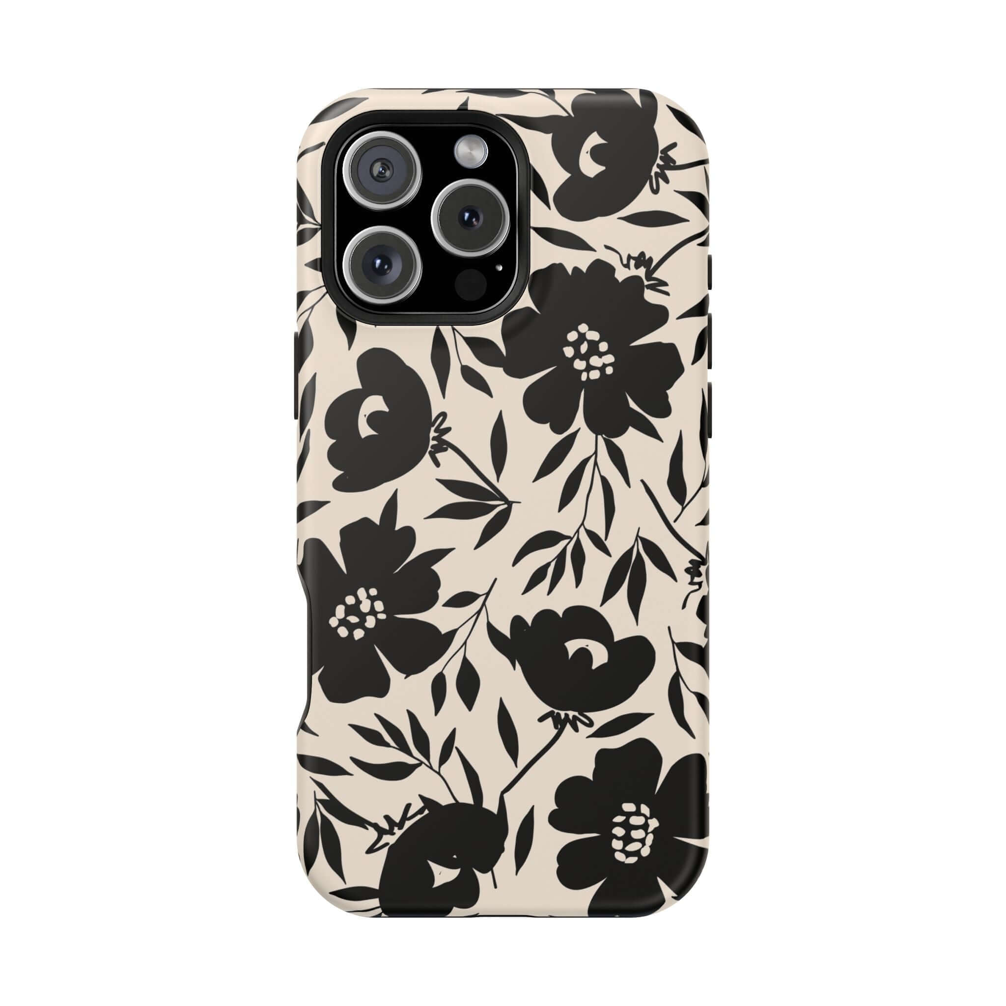 Eclipse Garden black floral iPhone 16 case, cute phone case with bold flower design.