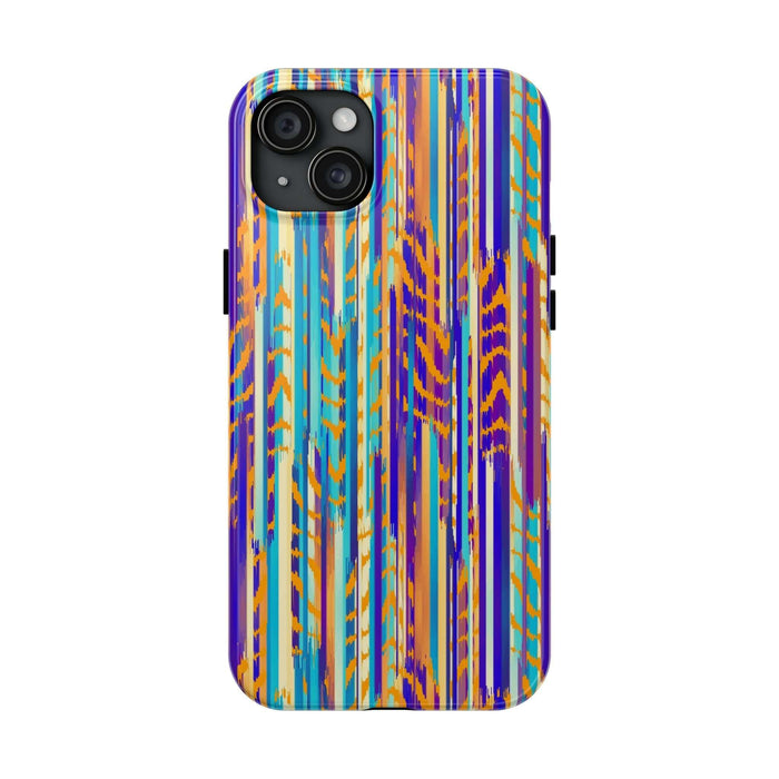 Colorful tie dye iPhone case with abstract patterns, featuring vibrant blue, orange, and purple stripes, cute and unique phone cover.