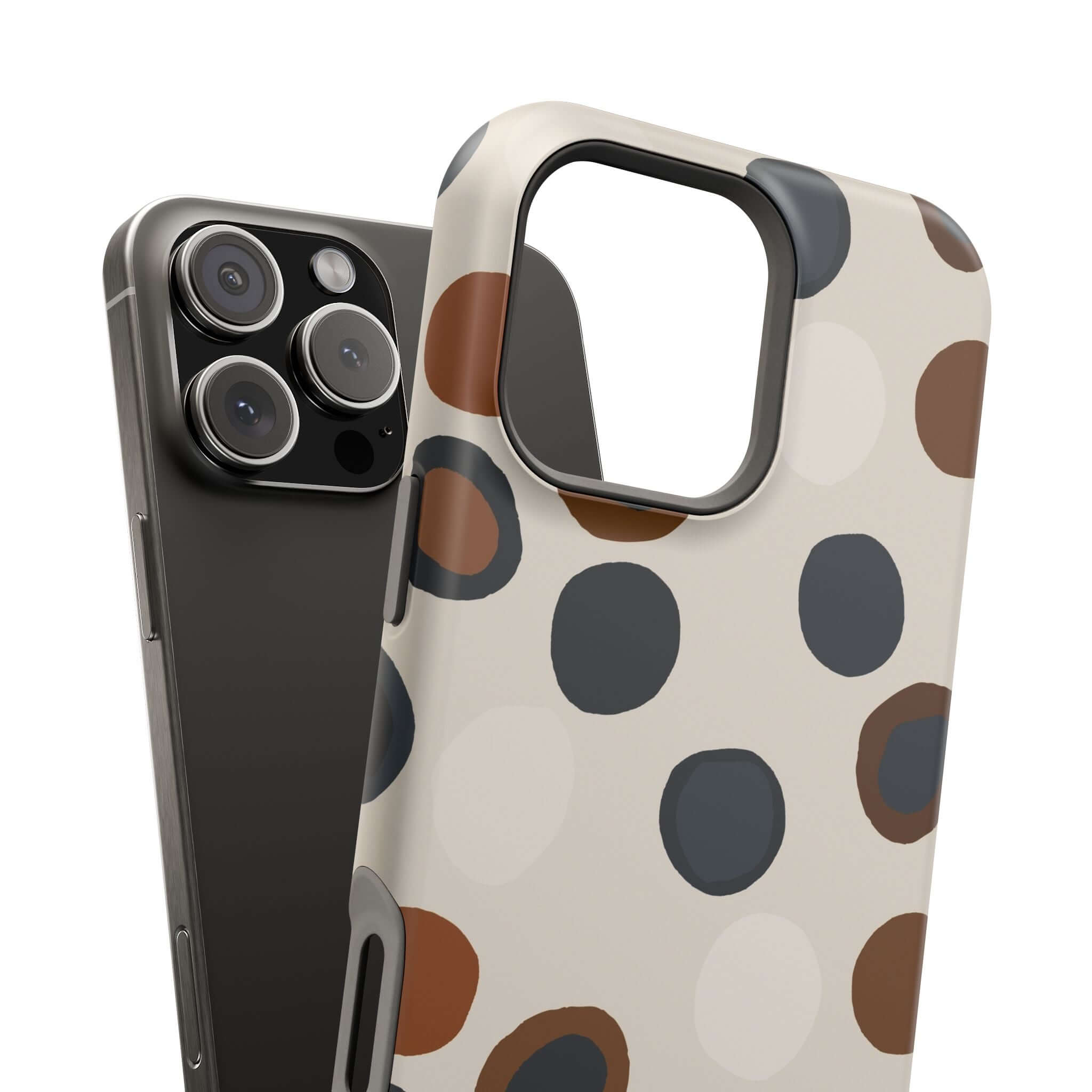 Chic Wanderer Modern Spots Case with colorful abstract brown and gray polka dots for iPhone, a cute and stylish MagSafe phone case.