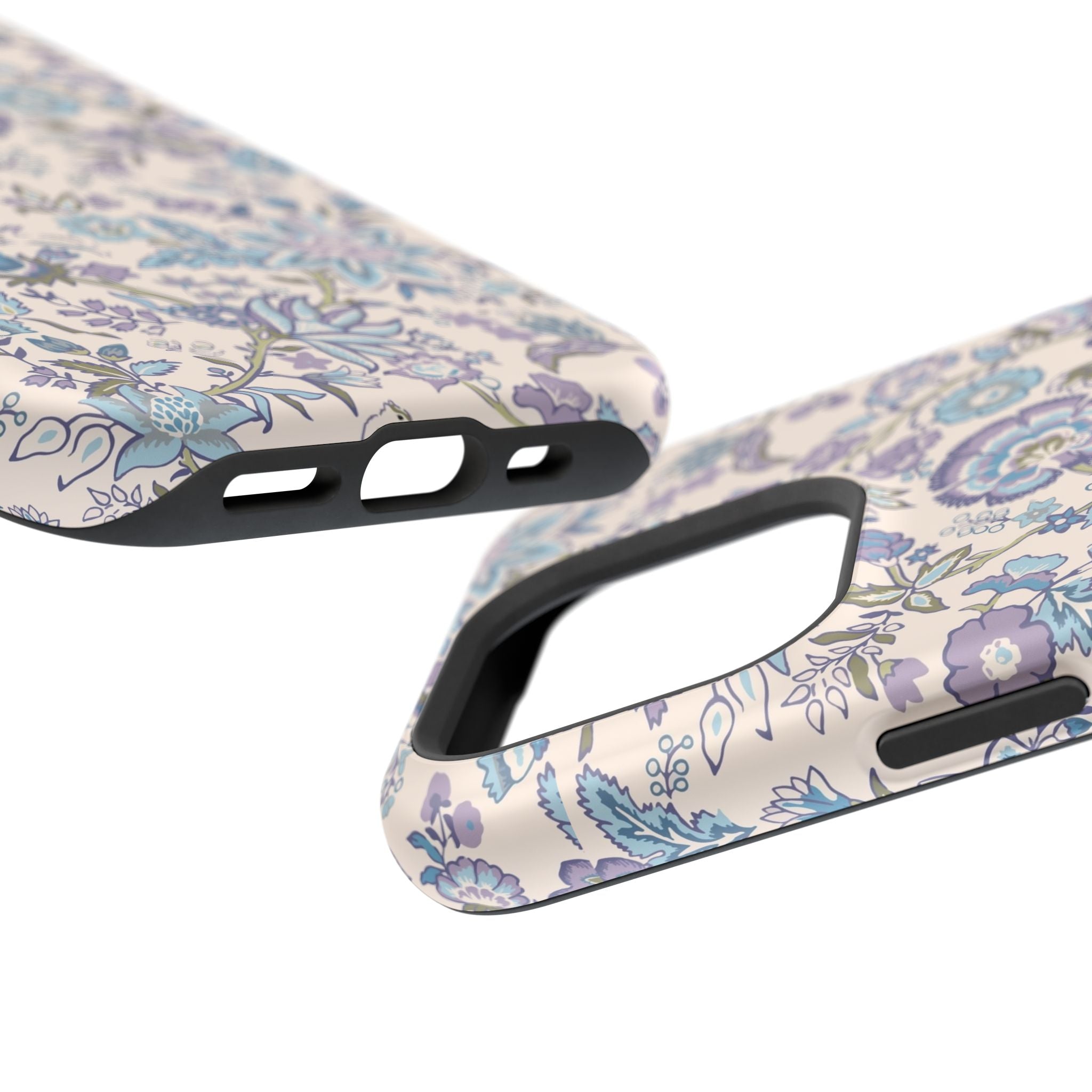 Blue CottageCore floral MagSafe iPhone case, a cute phone cover with nature-inspired design for stylish phone protection.