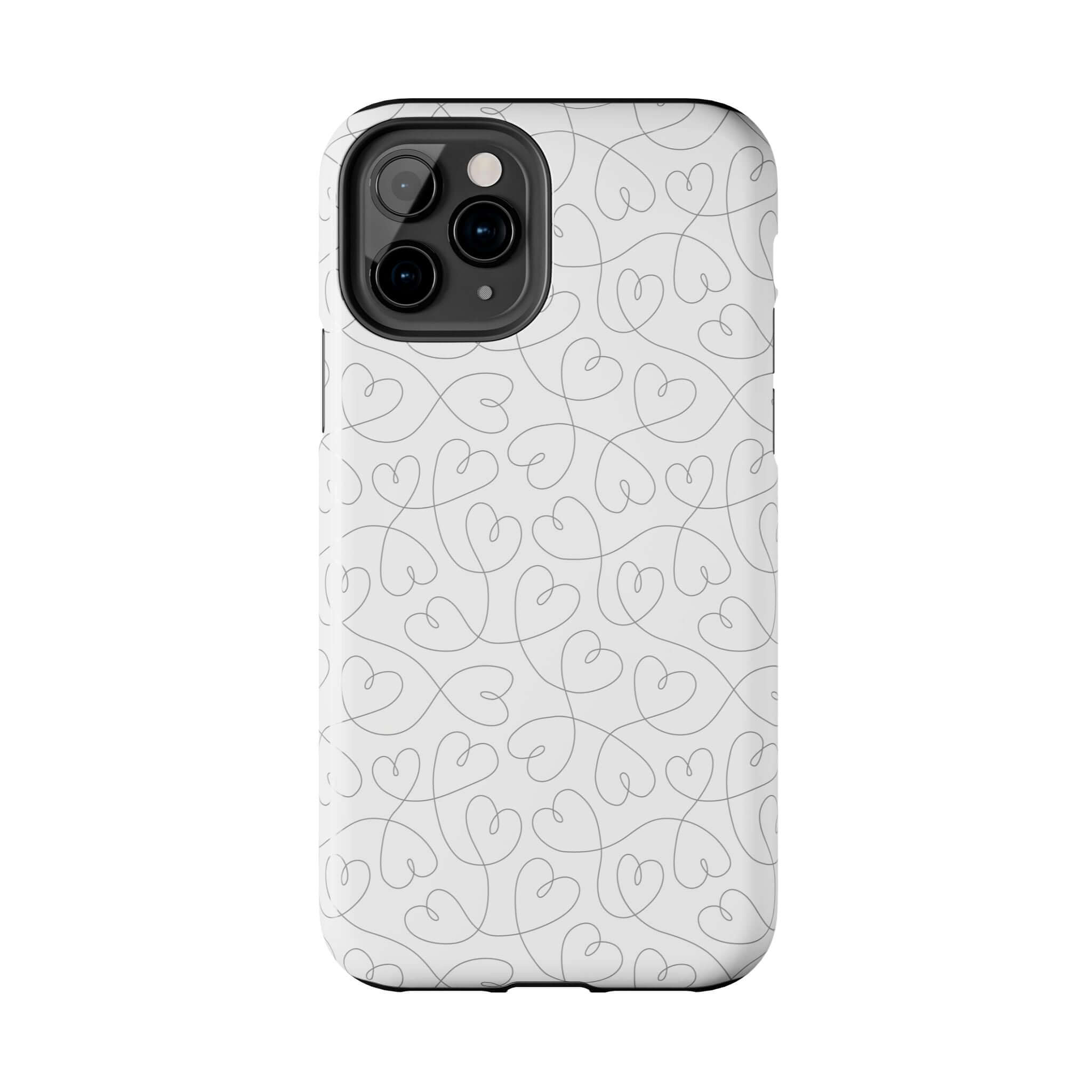 Silver Hearts Romance iPhone 14 Pro Max case with abstract hearts design. Cute and stylish phone case for weddings and brides on white background.