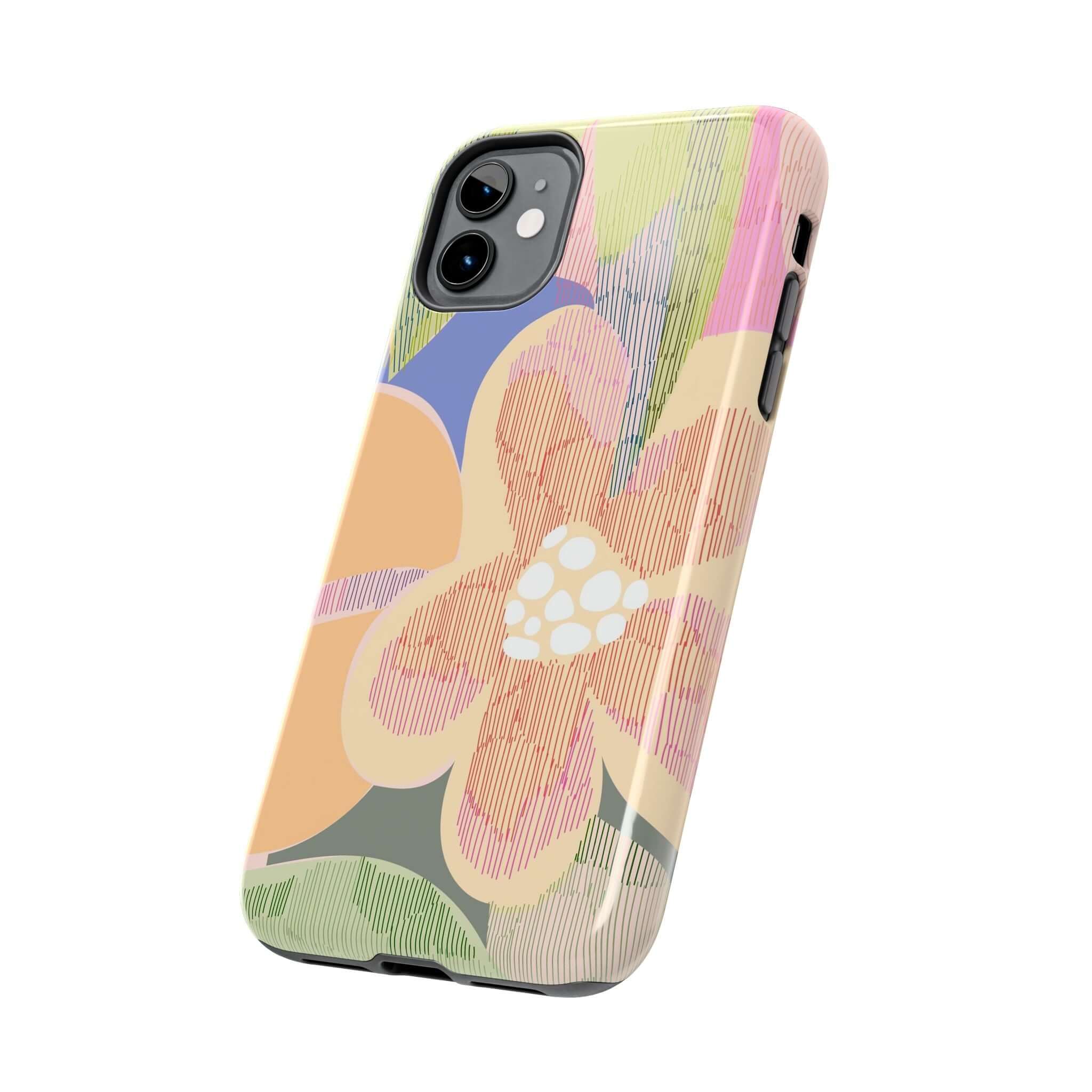 Colorful iPhone case featuring abstract floral design with palm trees, perfect for iPhone 14 Pro Max and Samsung S23. Cute and protective.