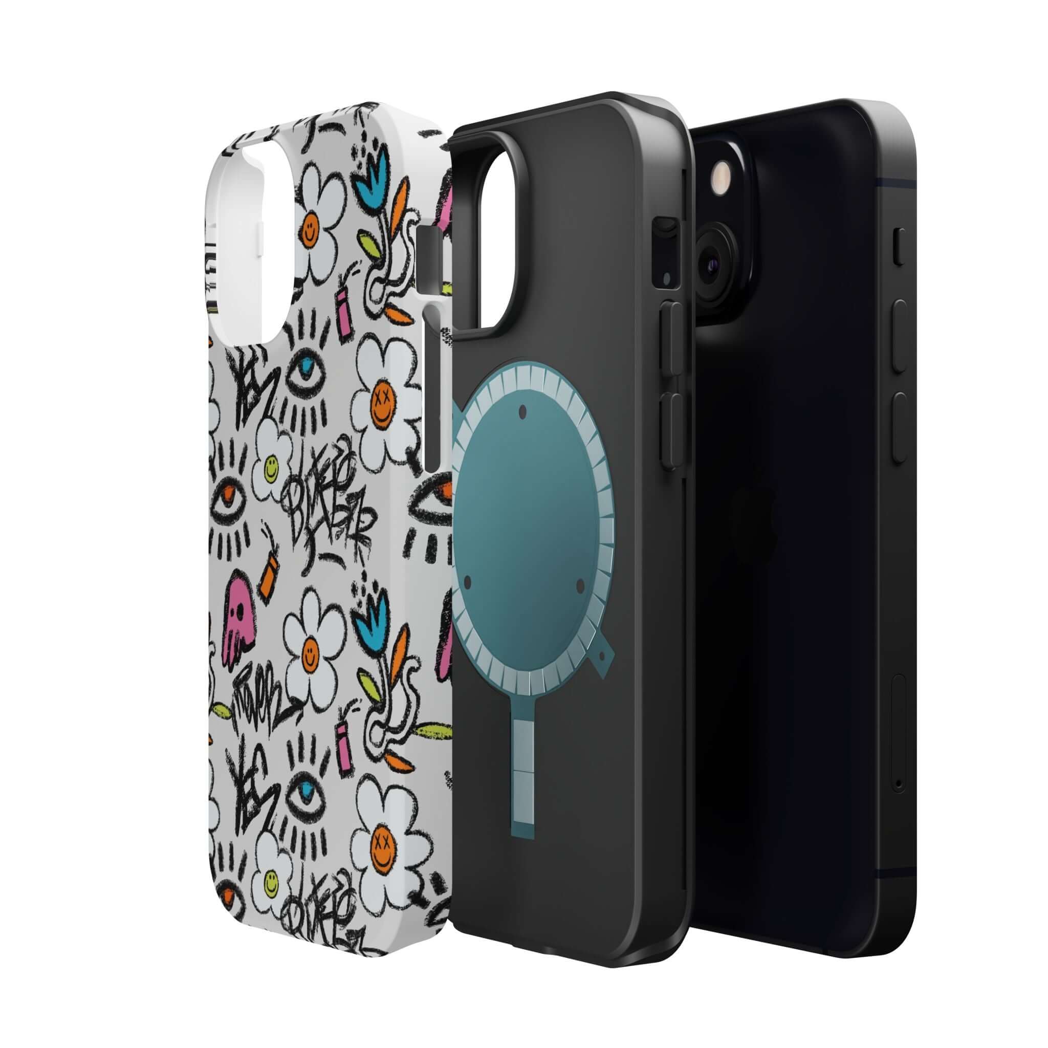 Colorful Happy Chaos Floral Graffiti Case for iPhone showcasing vibrant designs and cute phone cover style.