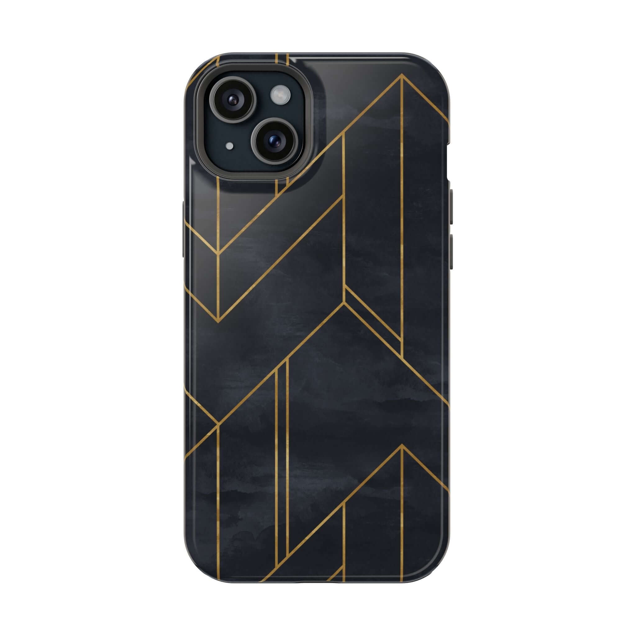 Modern geometric iPhone case with sleek black and gold abstract design, adding colorful urban style and protection.