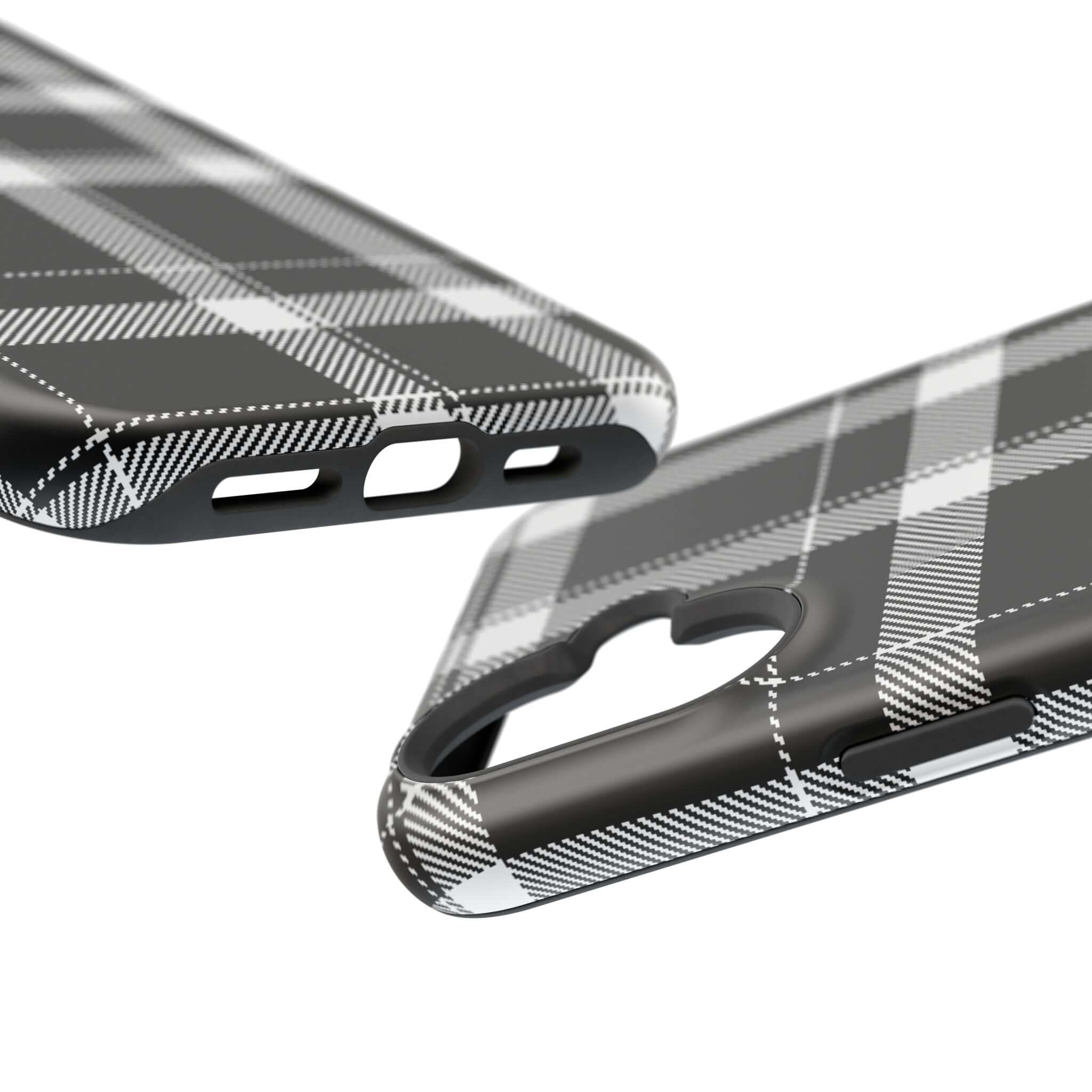 Stylish black plaid phone case showcasing sleek design and precise cutouts, perfect cute phone cover for Apple iPhone.