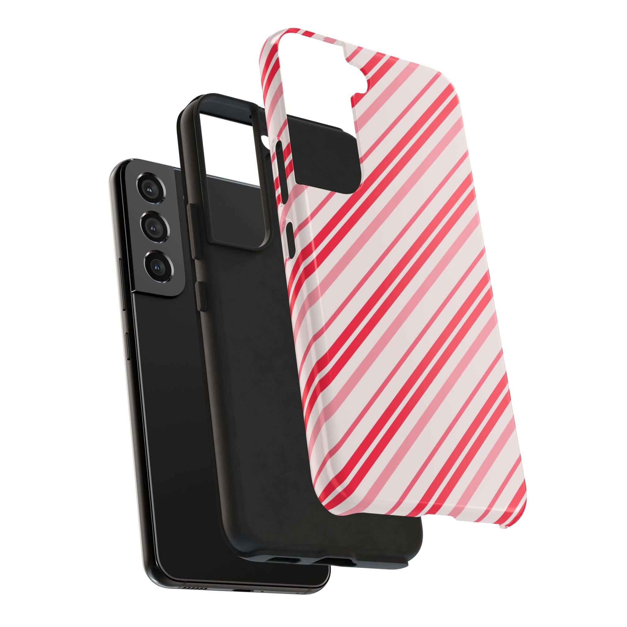 Striped holiday phone case in candy cane colors for iPhone. Cute custom design for festive Christmas style.