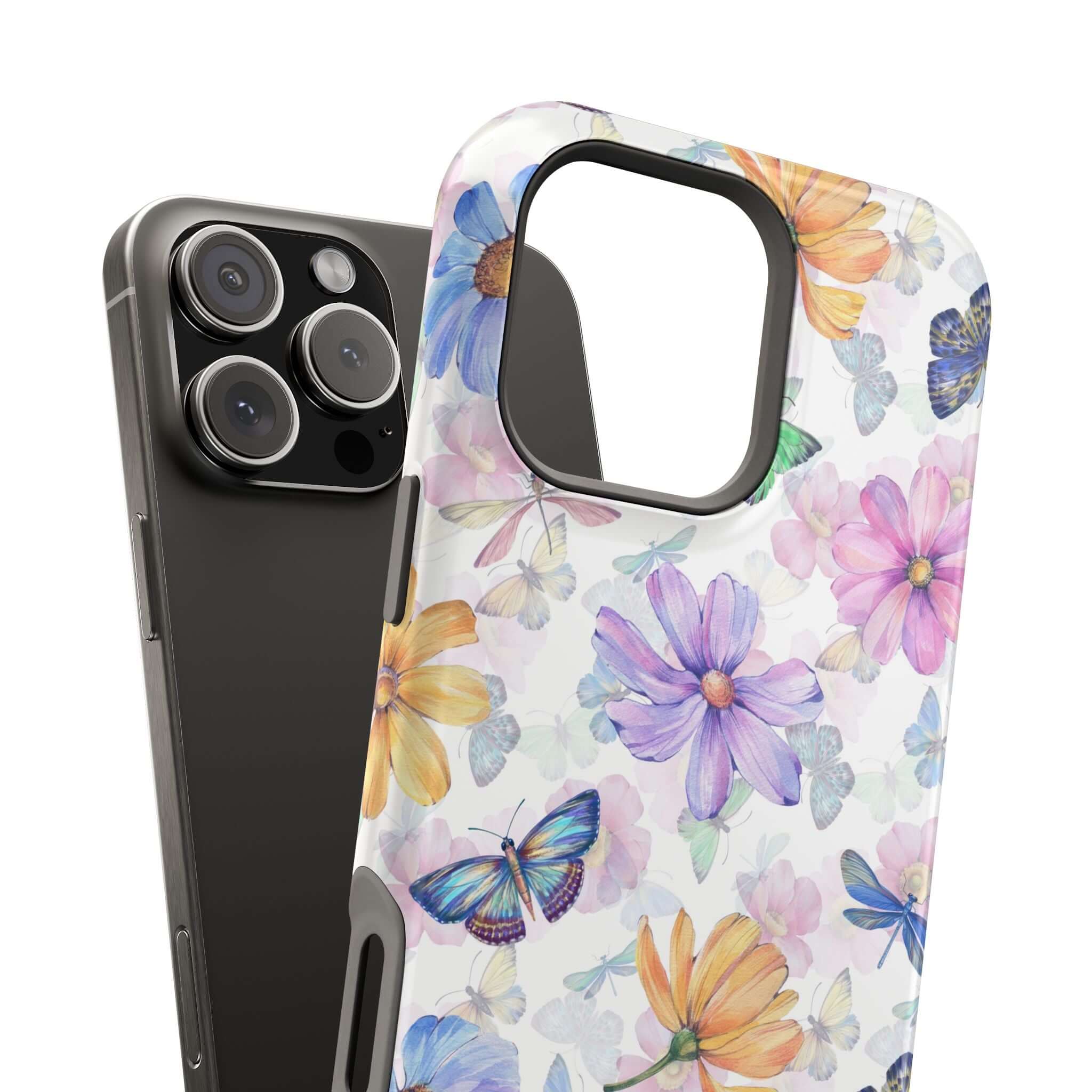 Cute MagSafe iPhone 16 case with watercolor butterfly and flower design, protective and stylish phone case.