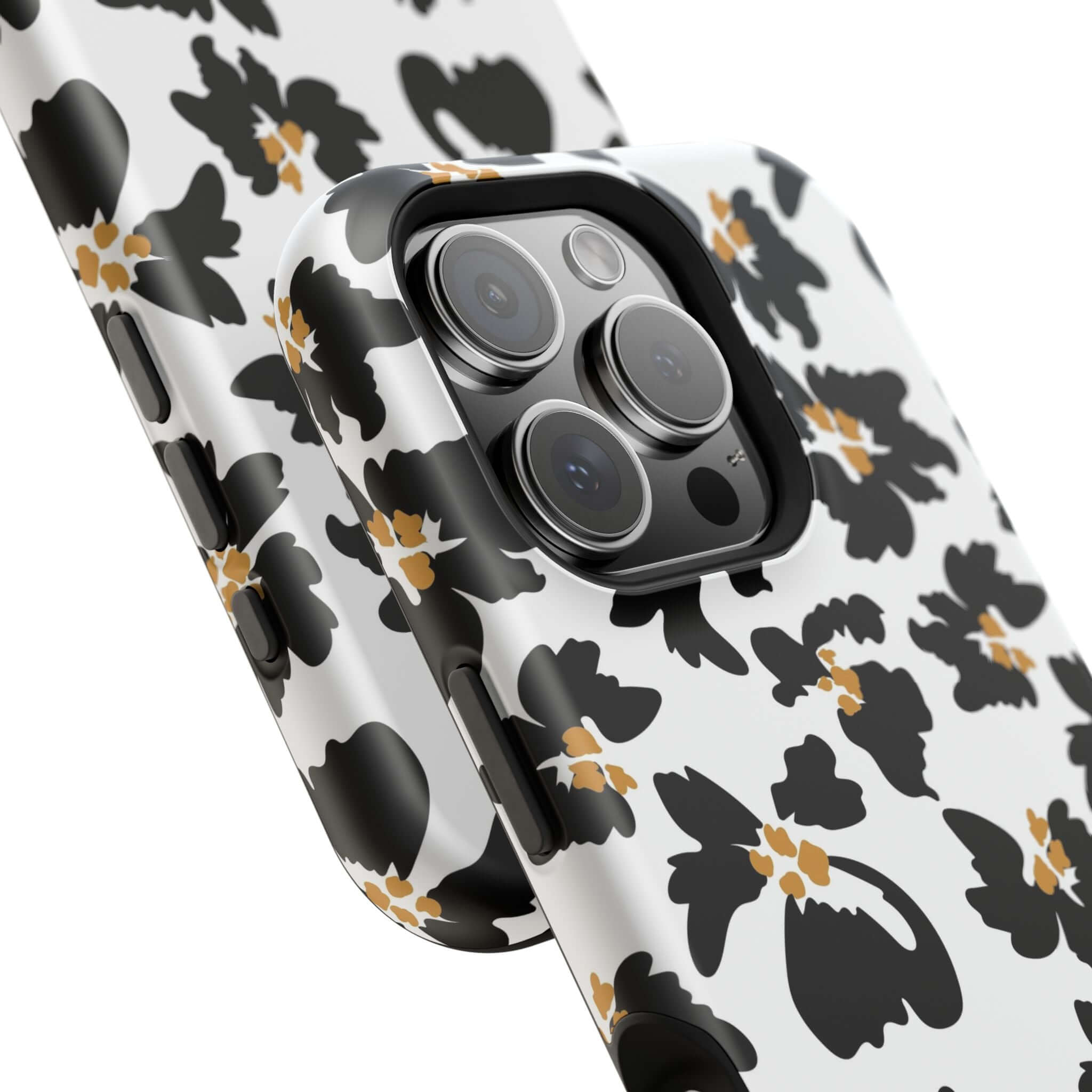 Modern Noir Flora black floral iPhone case with animal print pattern, featuring a stylish and protective design compatible with MagSafe.