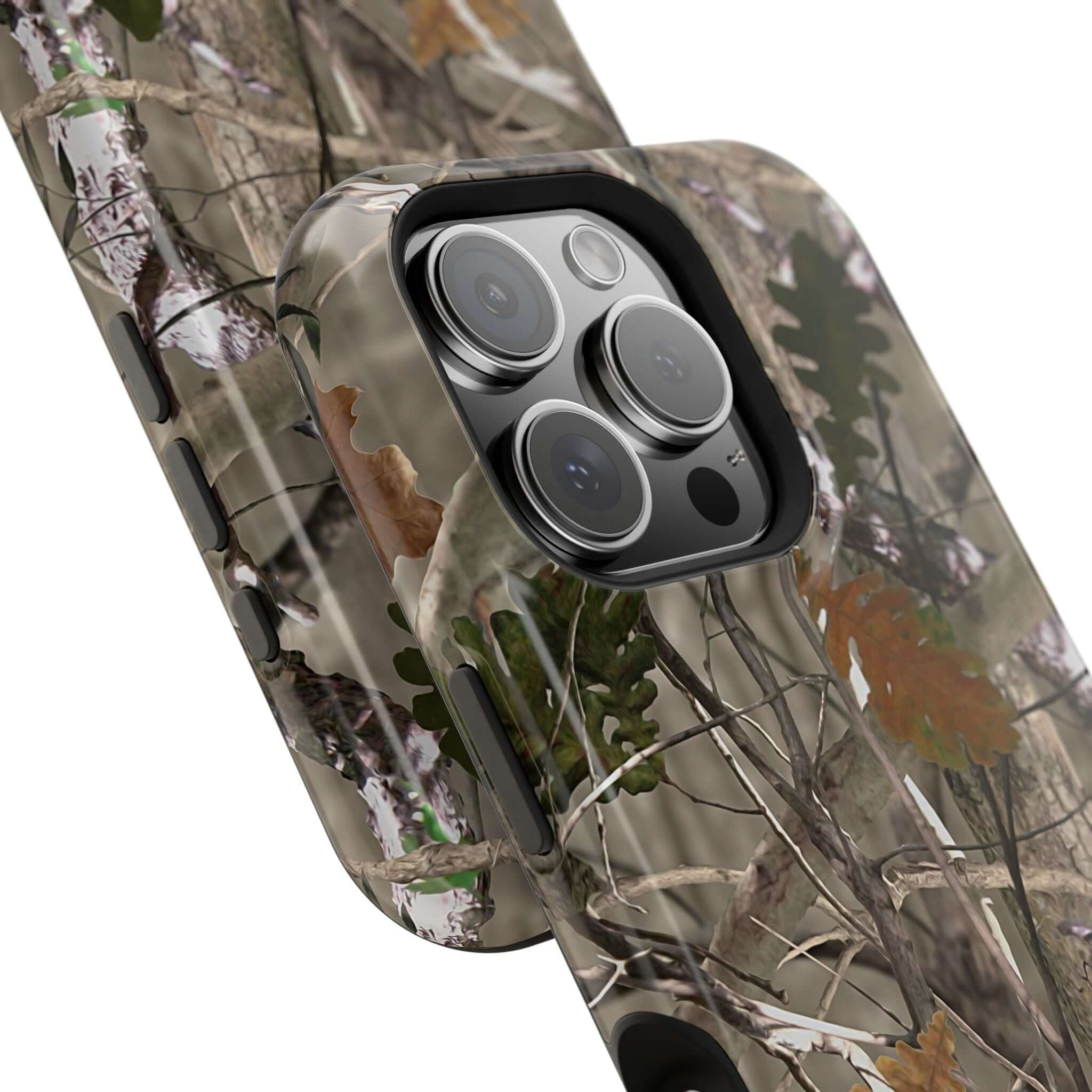 Forest camo MagSafe phone case with animal print, offers modern protection and a cute, quirky style for iPhone users.