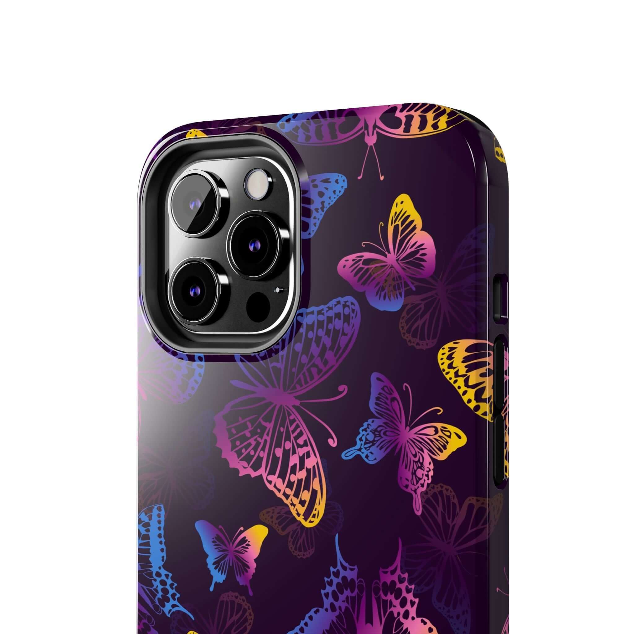 Black butterfly MagSafe iPhone case with colorful design, perfect floral and cute phone cover for a bold, groovy look.