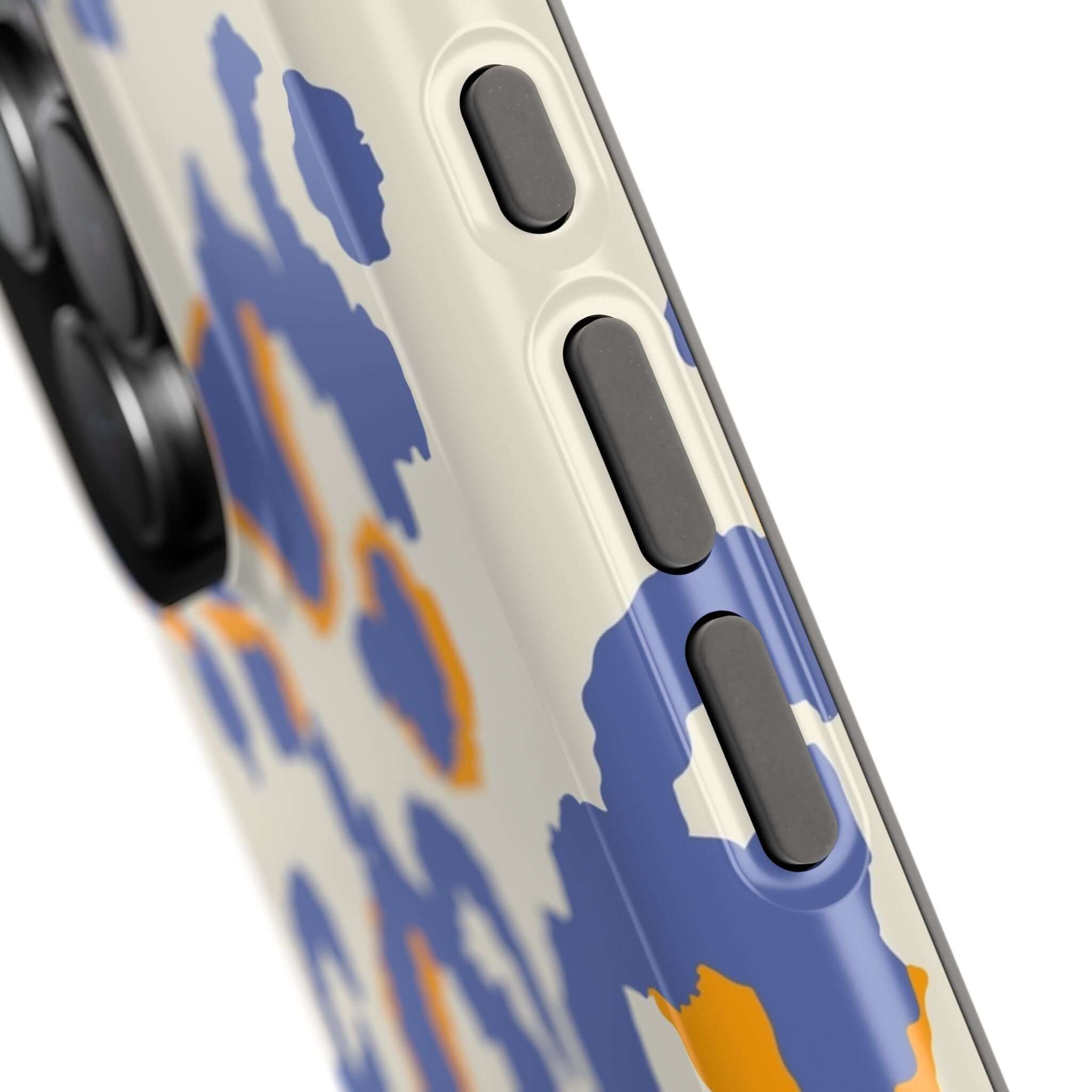 Close-up of Safari Blaze Blue Leopard MagSafe iPhone case with colorful abstract leopard print design, showing buttons and texture.