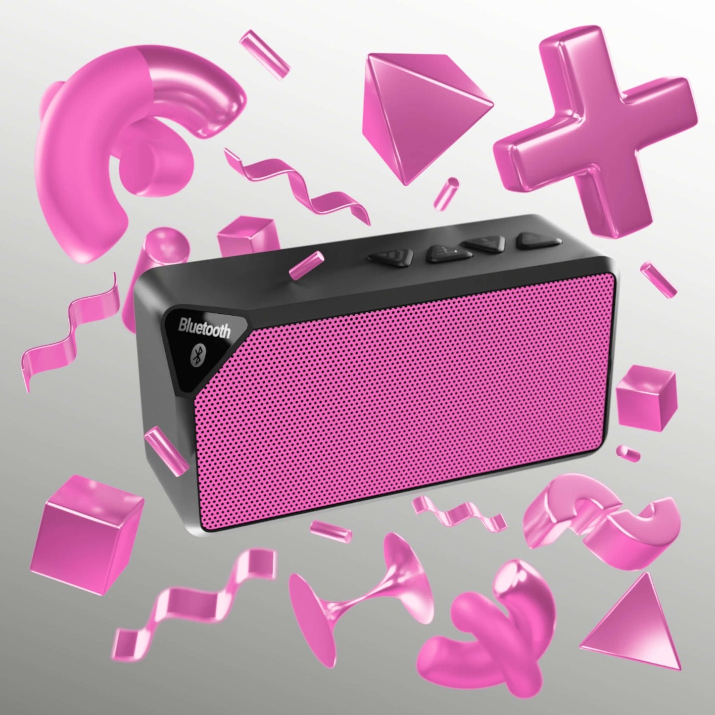 Pink Bluetooth speaker with funky geometric shapes, ideal for parties and music on the go.