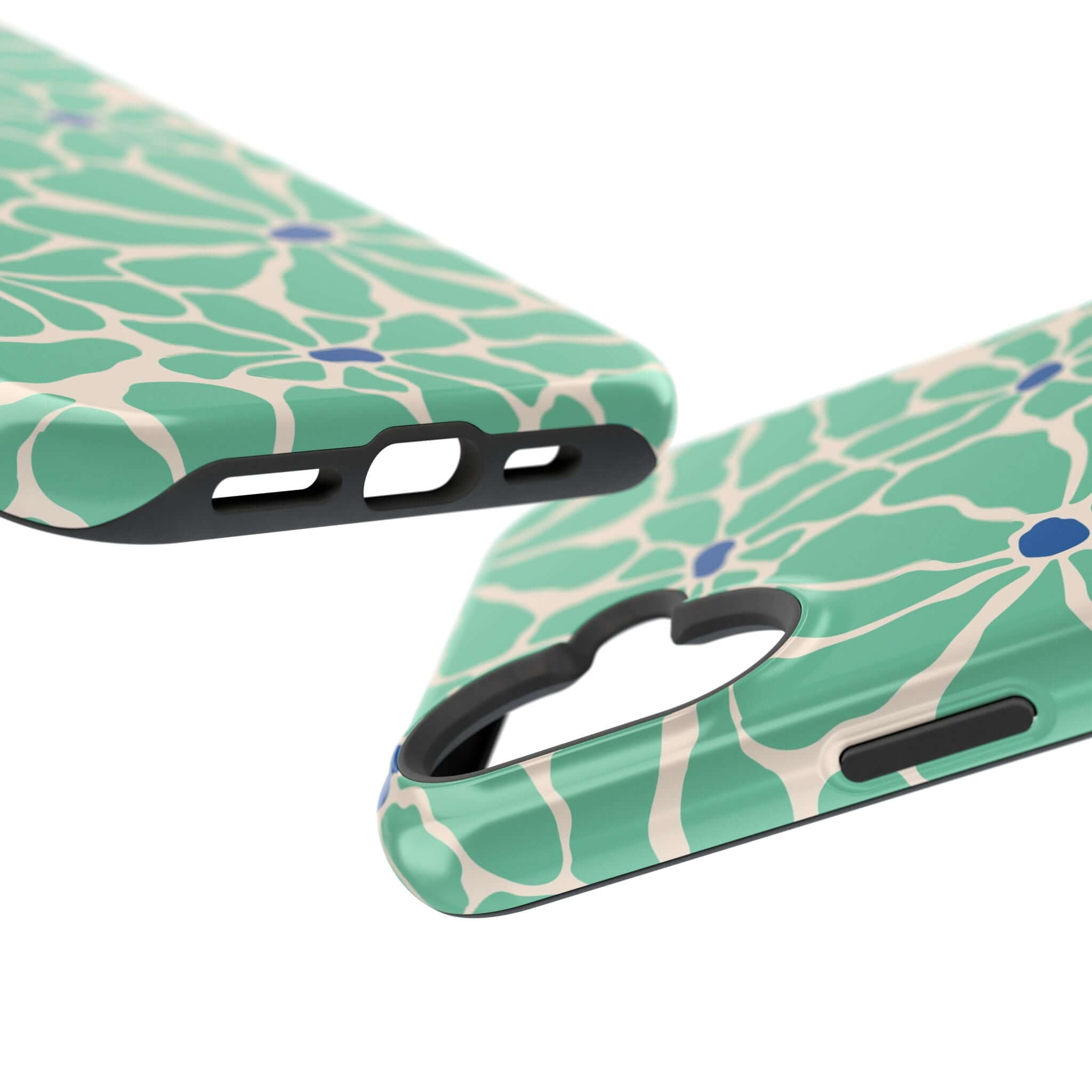 Close-up of the Tropical Splash Retro Floral Case, featuring a vibrant green floral design for Apple iPhone.