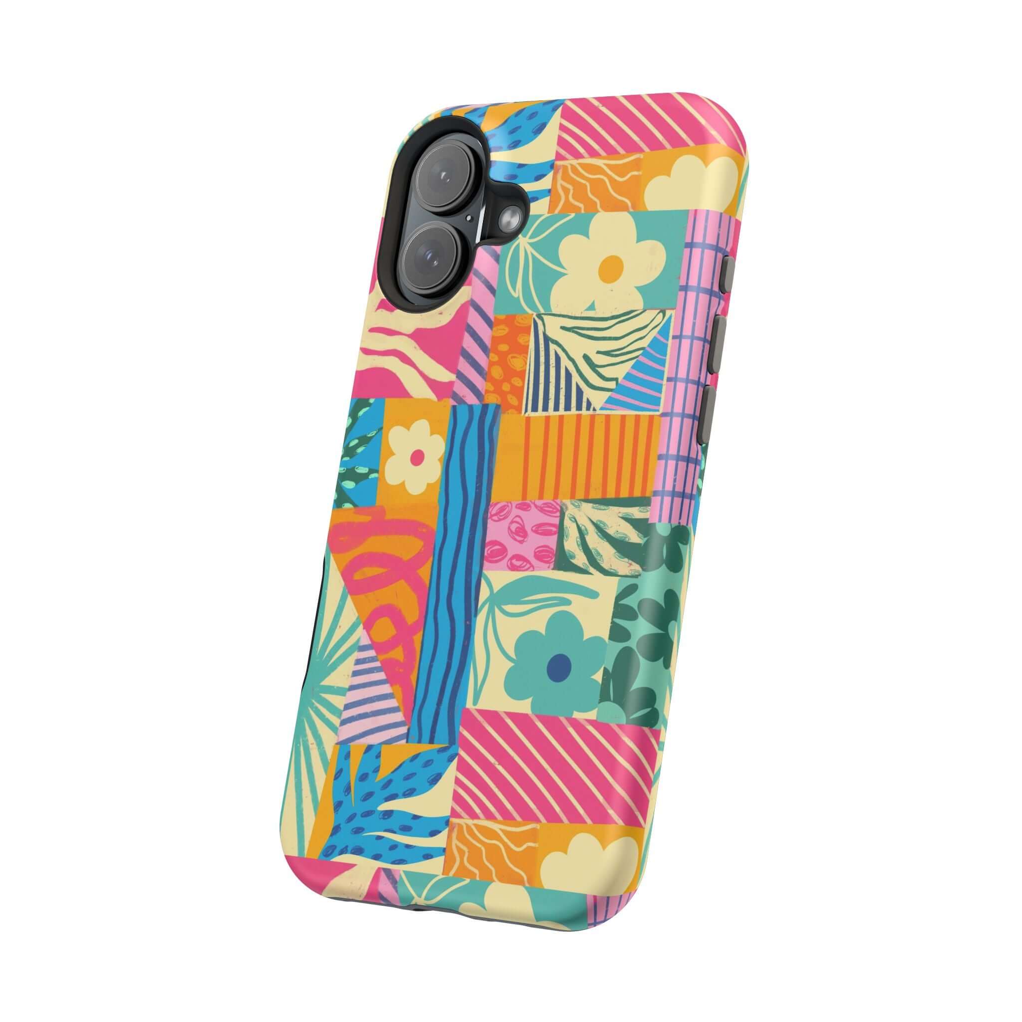 Colorful Patchwork iPhone 16 Case, Cute Phone Case for Beach Lovers, Vibrant Design with Floral and Geometric Patterns.