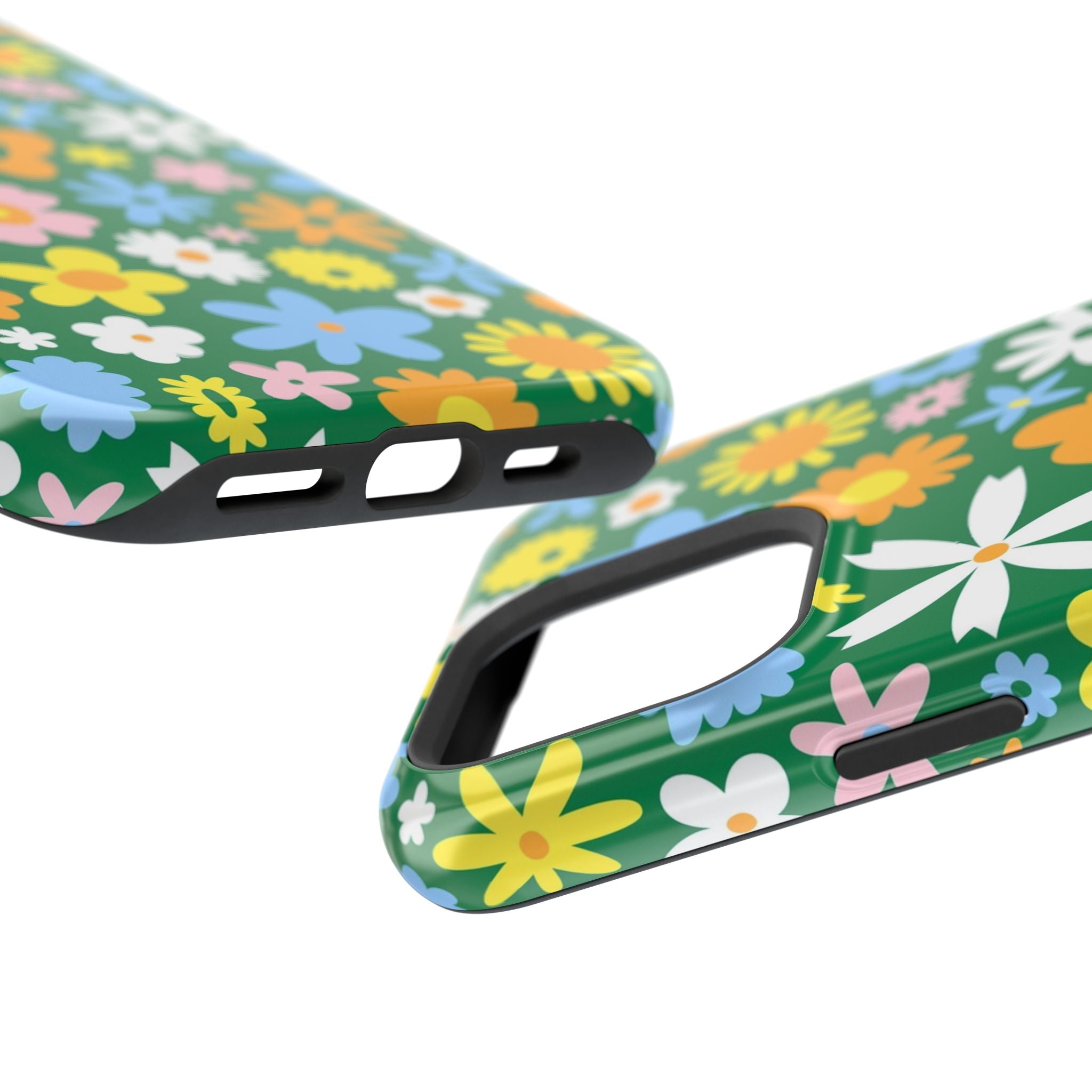 Vibrant green floral iPhone case with hippie design, MagSafe compatible. Cute phone cover with colorful flowers - stylish and protective!