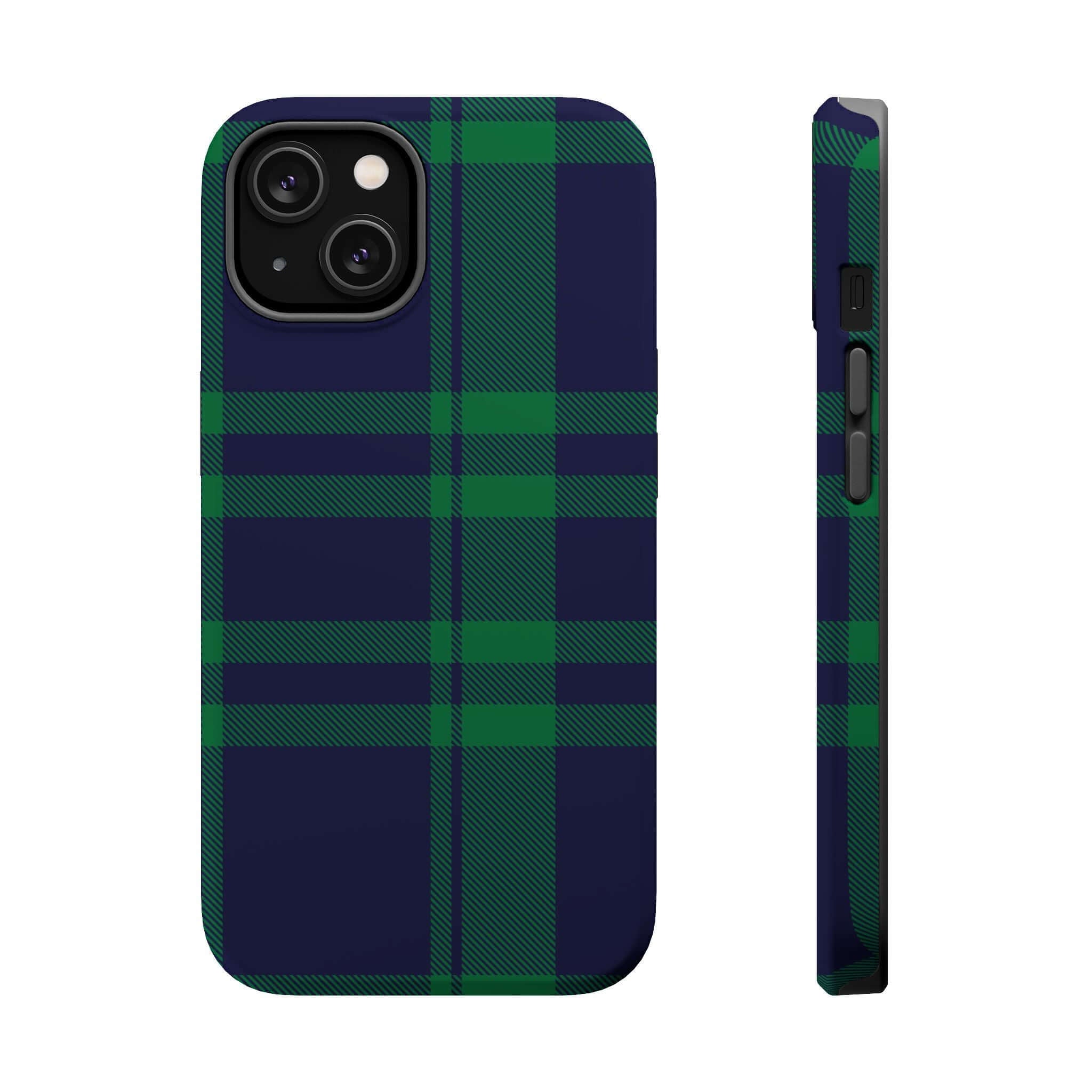 Mistletoe Plaid MagSafe Case showcasing a festive green plaid design, perfect cute phone cover for the holiday season.