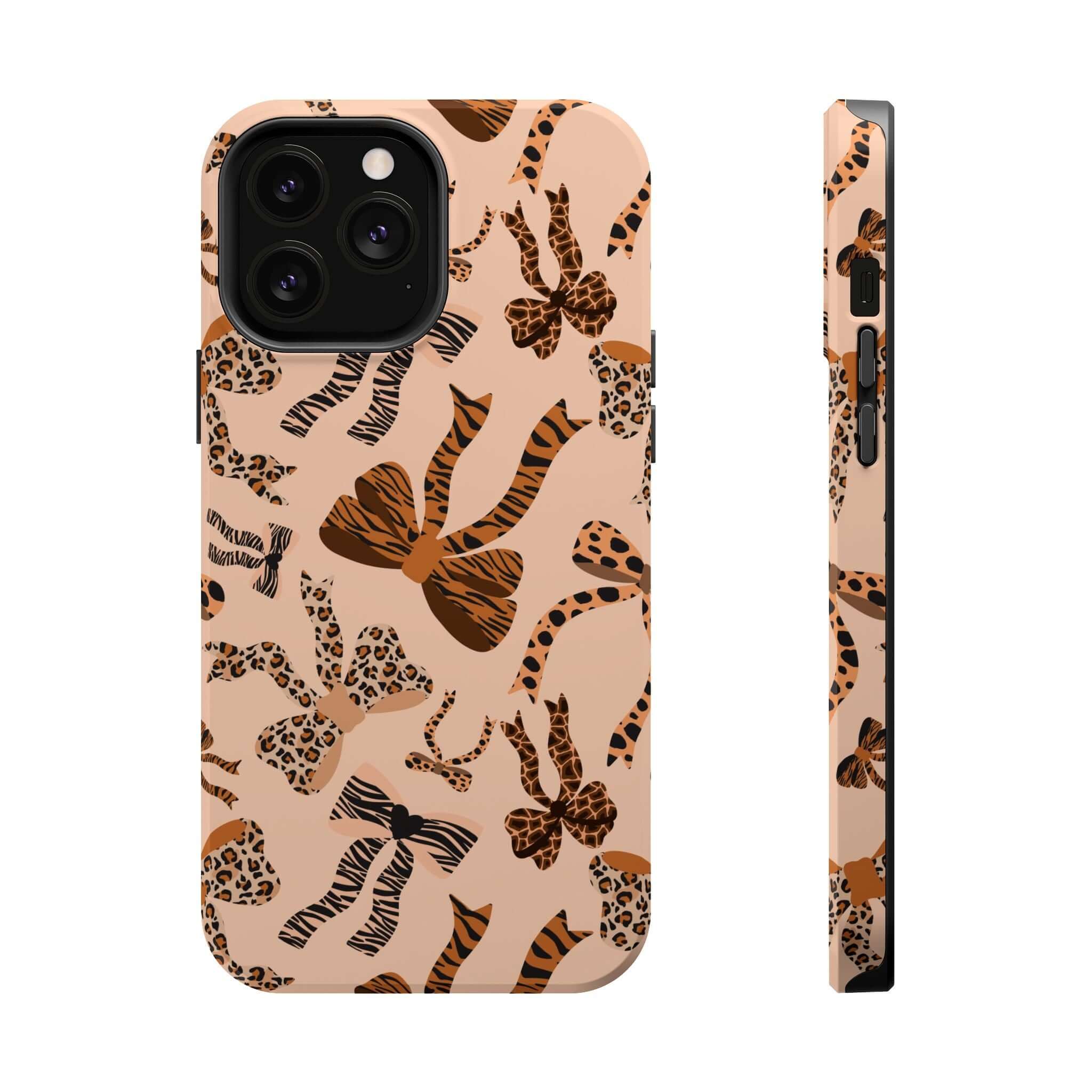 Safari Coquette colorful iPhone case with cute leopard bows and abstract patterns, playful and stylish MagSafe phone accessory.