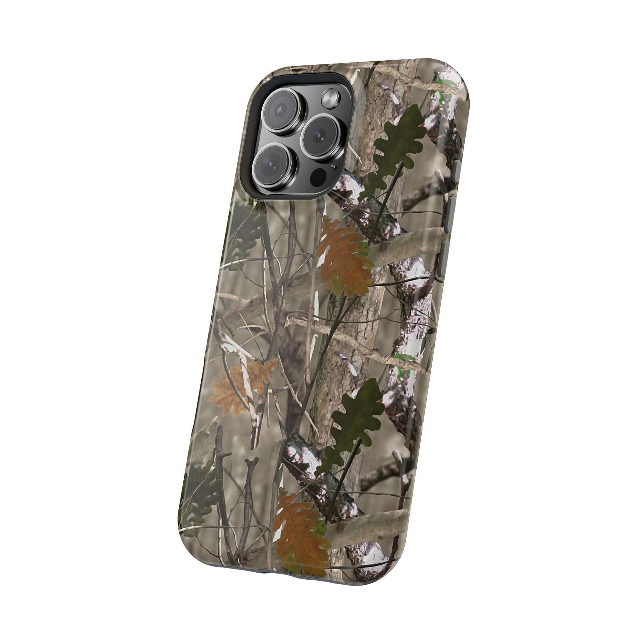 Modern forest camo MagSafe phone case with animal print design, offering a cute and quirky style for iPhone protection.