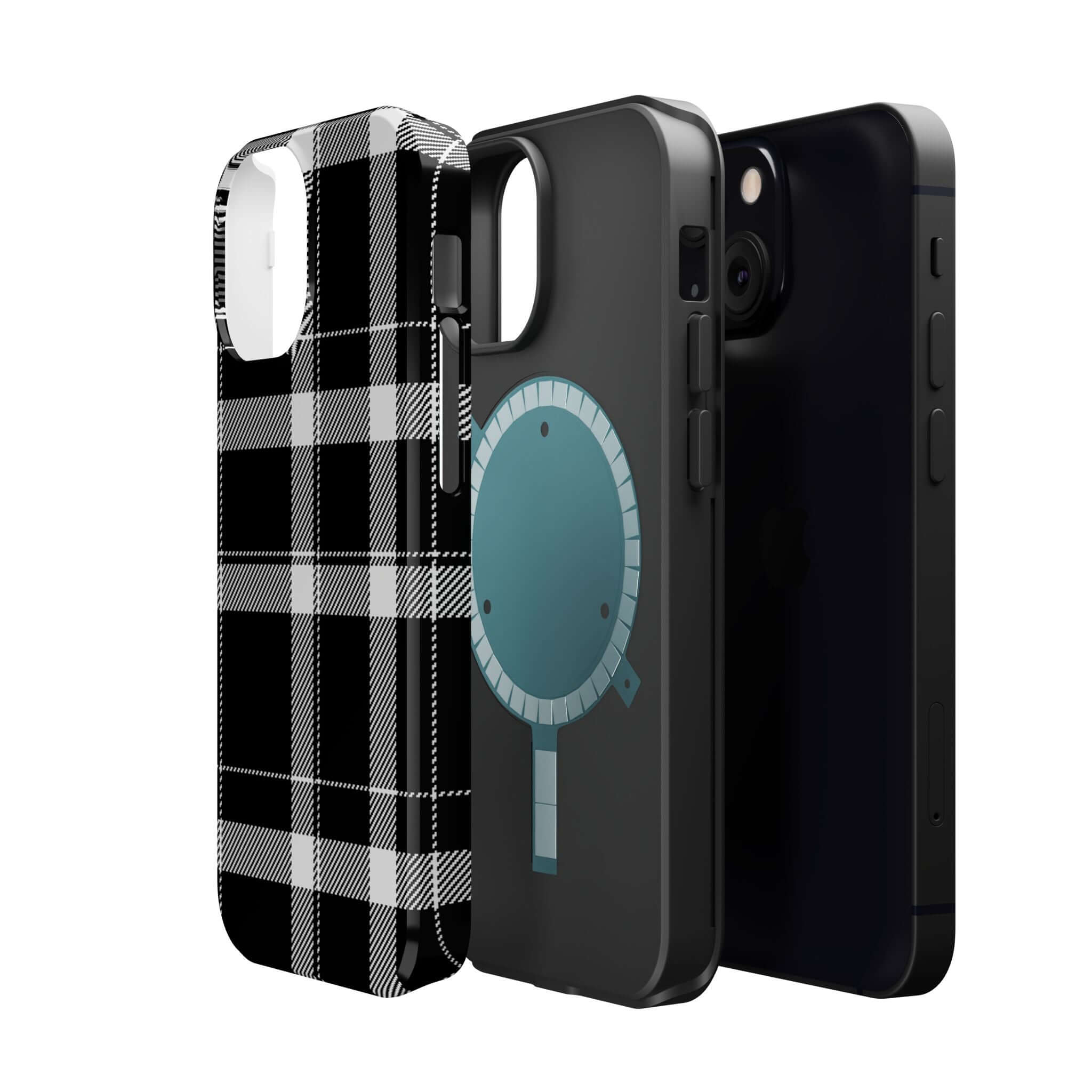 Stylish black plaid phone case alongside unique designs, perfect cute phone cover for Apple iPhone users.