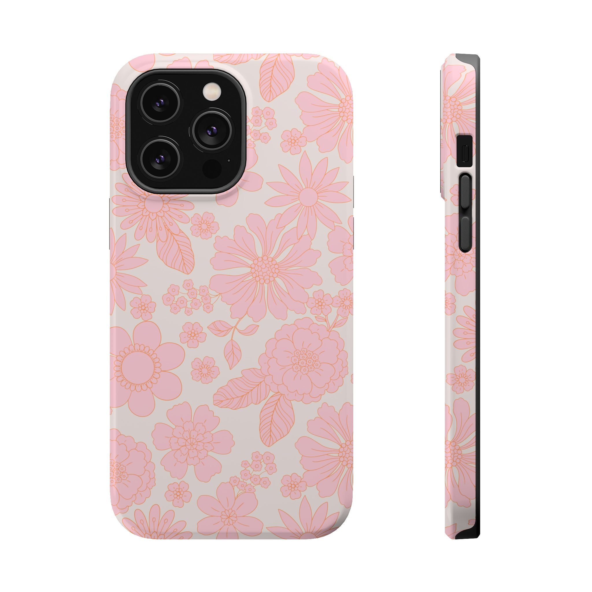 Pink floral MagSafe phone case for iPhone 16 with charming petals design, embracing cottagecore and providing protection. Cute cover.